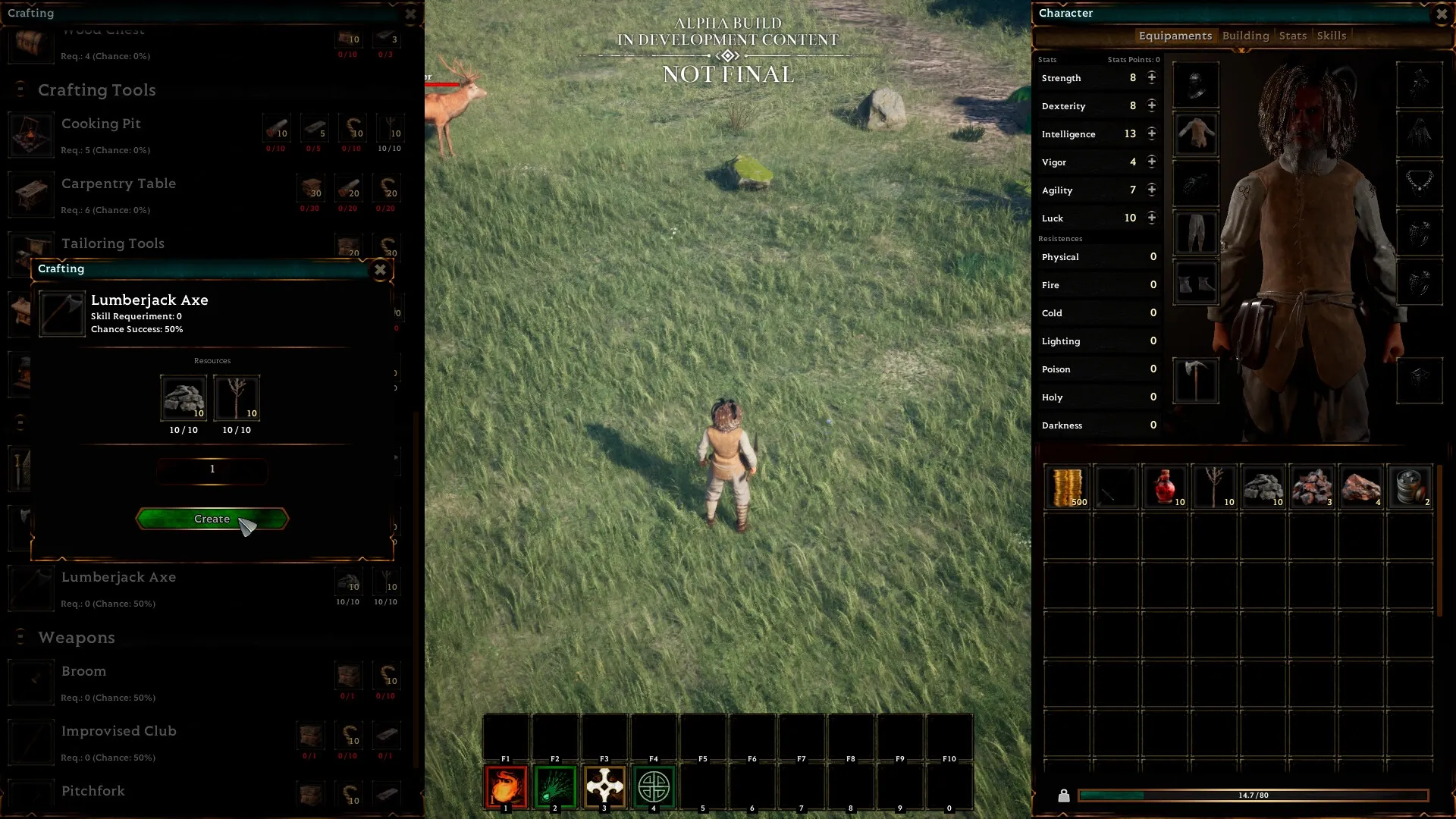 Tales Of Shadowland: Character crafting a Lumberjack Axe in lush green field with inventory open