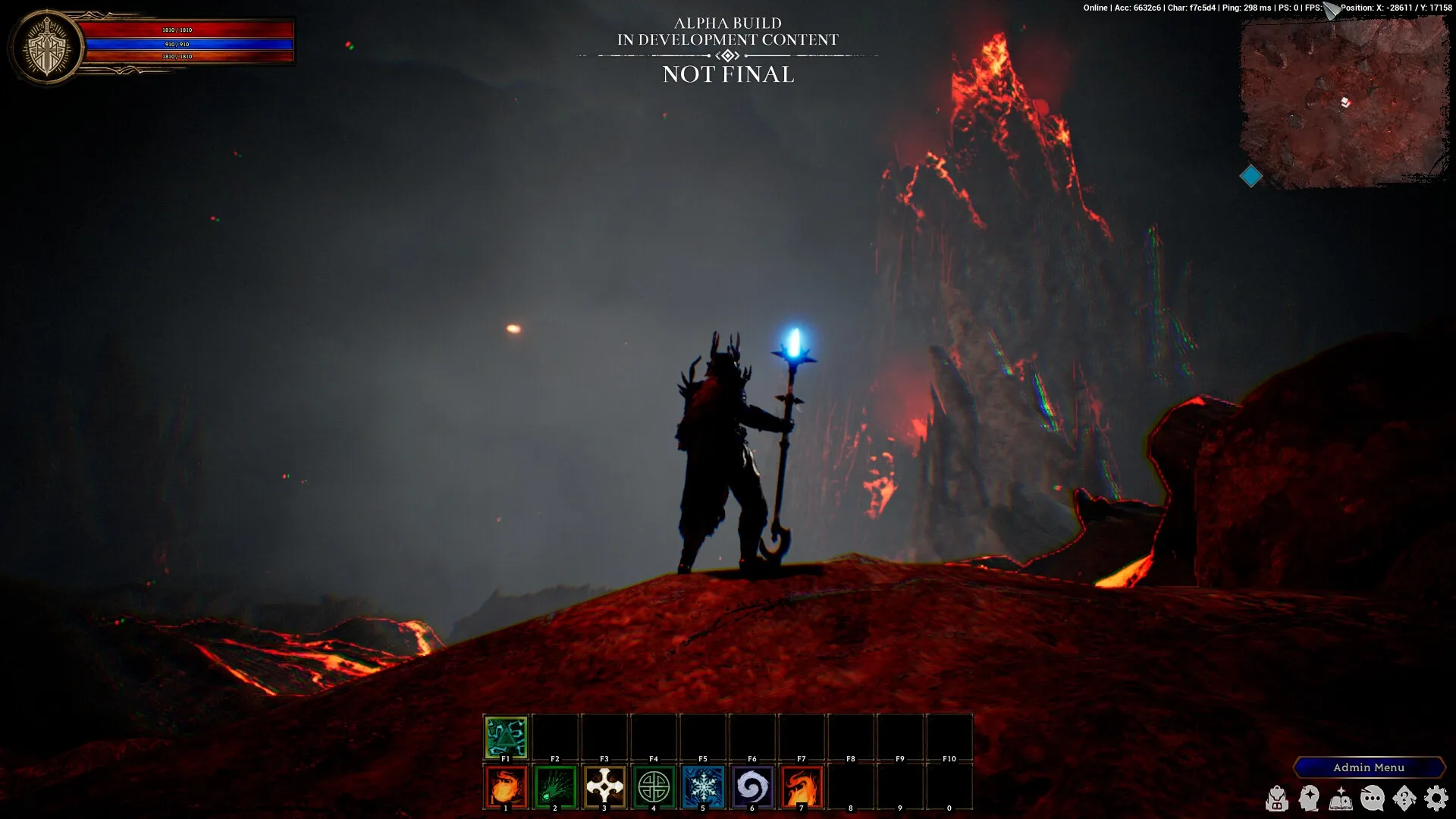 Tales Of Shadowland: Silhouetted figure with staff overlooks lava-filled landscape at night