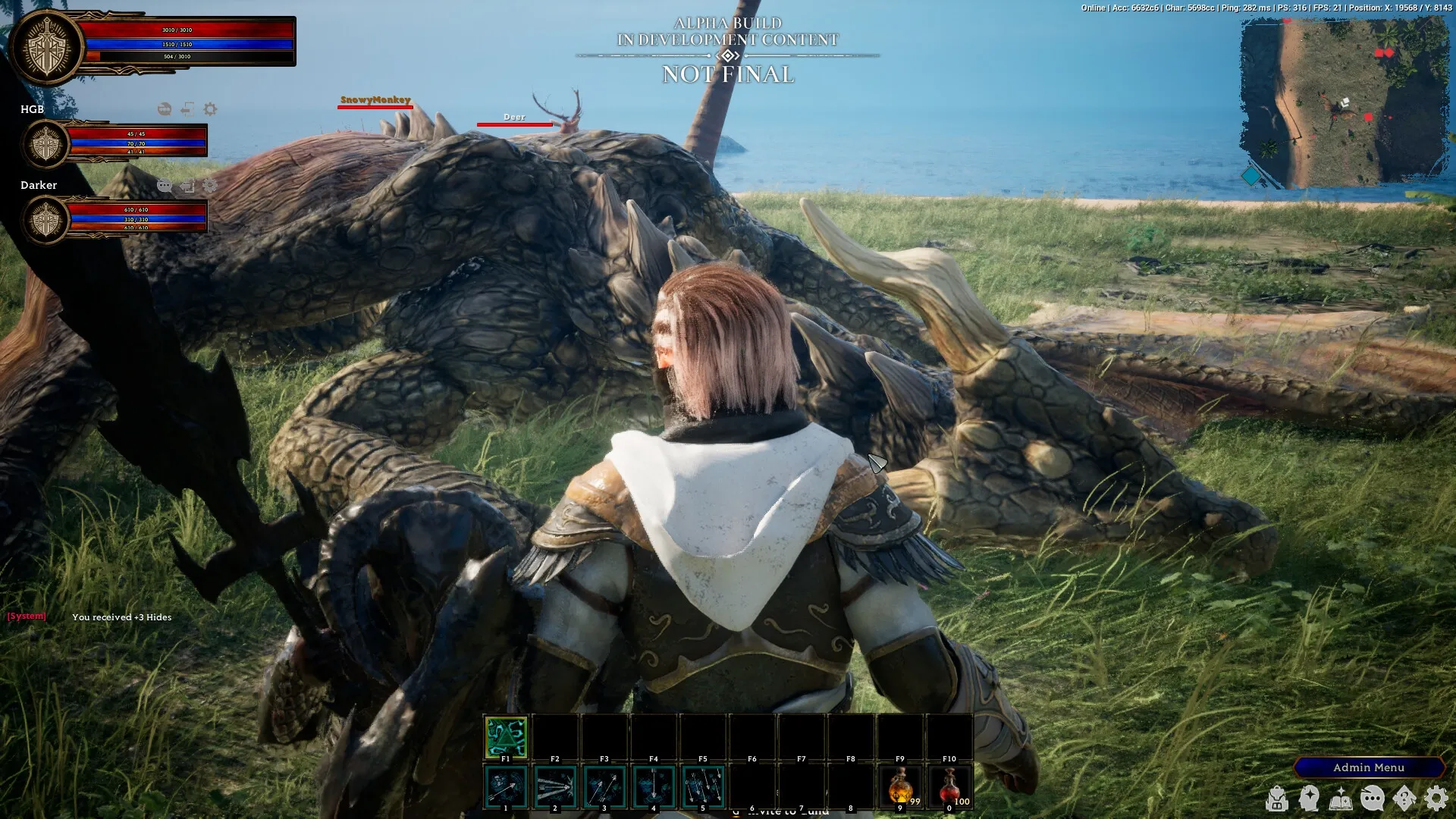 Tales Of Shadowland: Player stands over slain dragon with health bars and inventory in grassy field