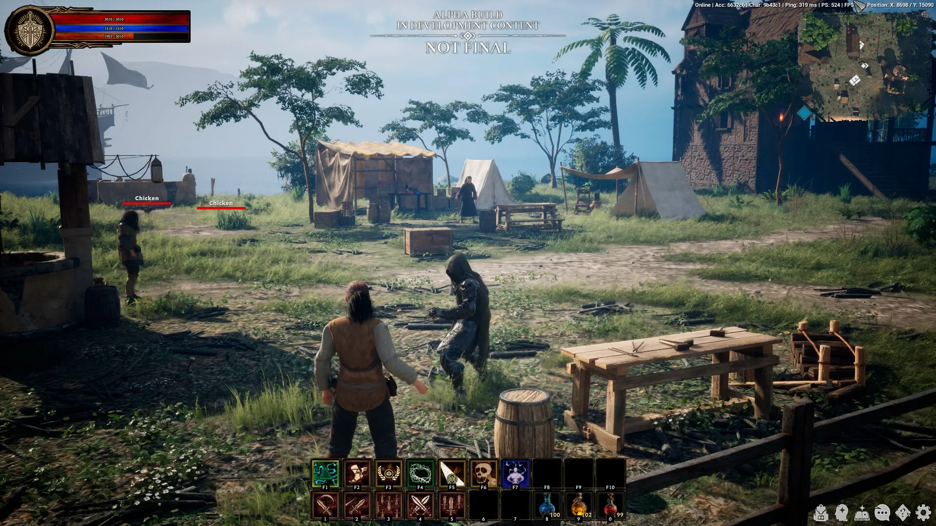 Tales Of Shadowland: Two characters interact in a village camp with tents and a building in the background.