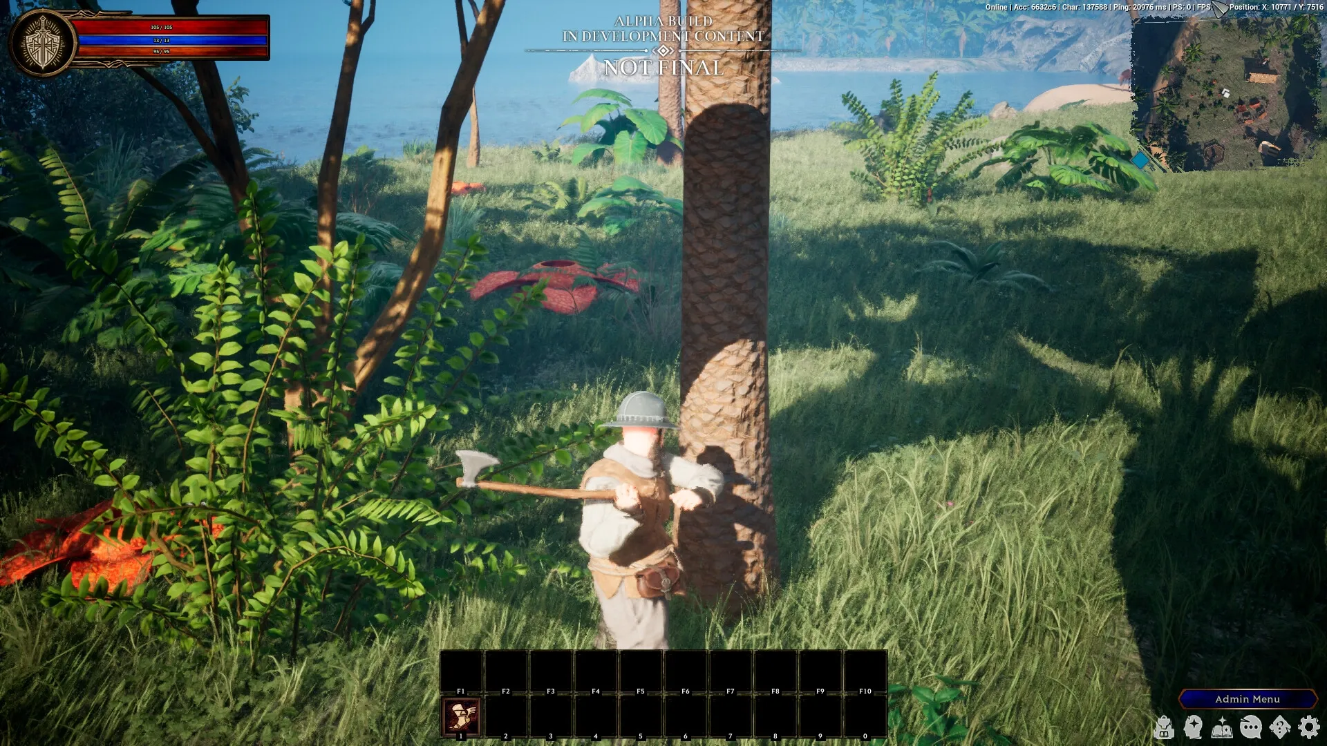 Tales Of Shadowland: Character chopping tree in lush forest with inventory and health bar visible