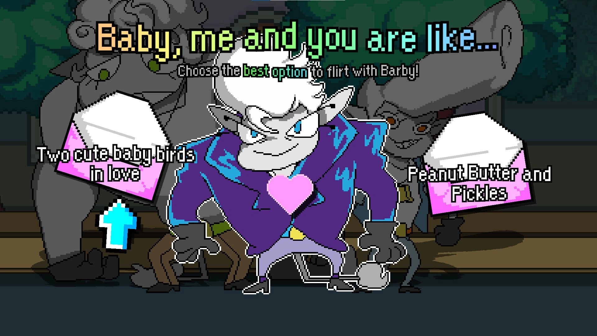 Tales of Tuscany: Flirt dialogue choice screen with Barby, two response panels in a dark forest scene.