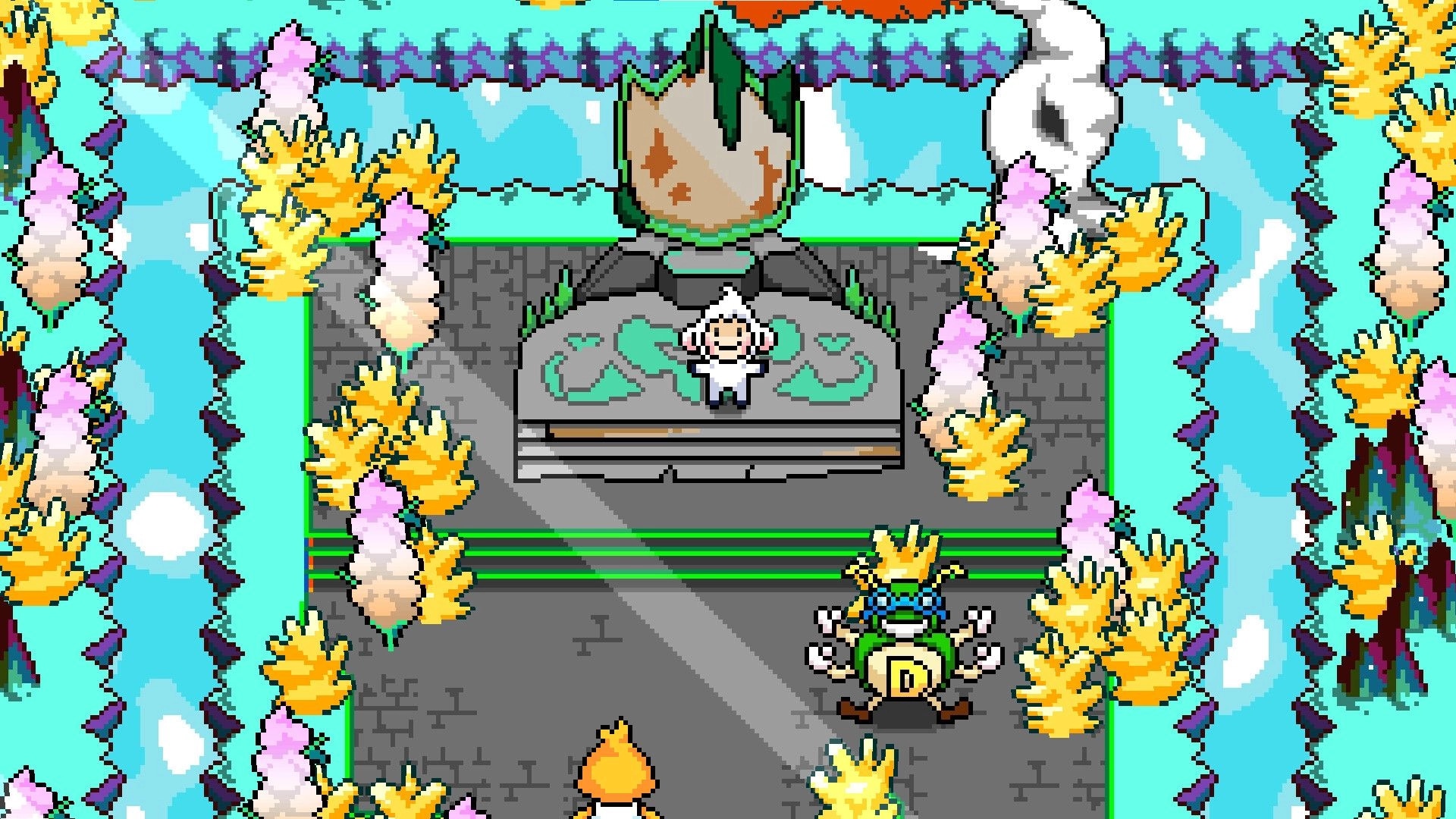 Tales of Tuscany: Pixel boss arena with small hero on stone dais and horned foe below, icy walls.