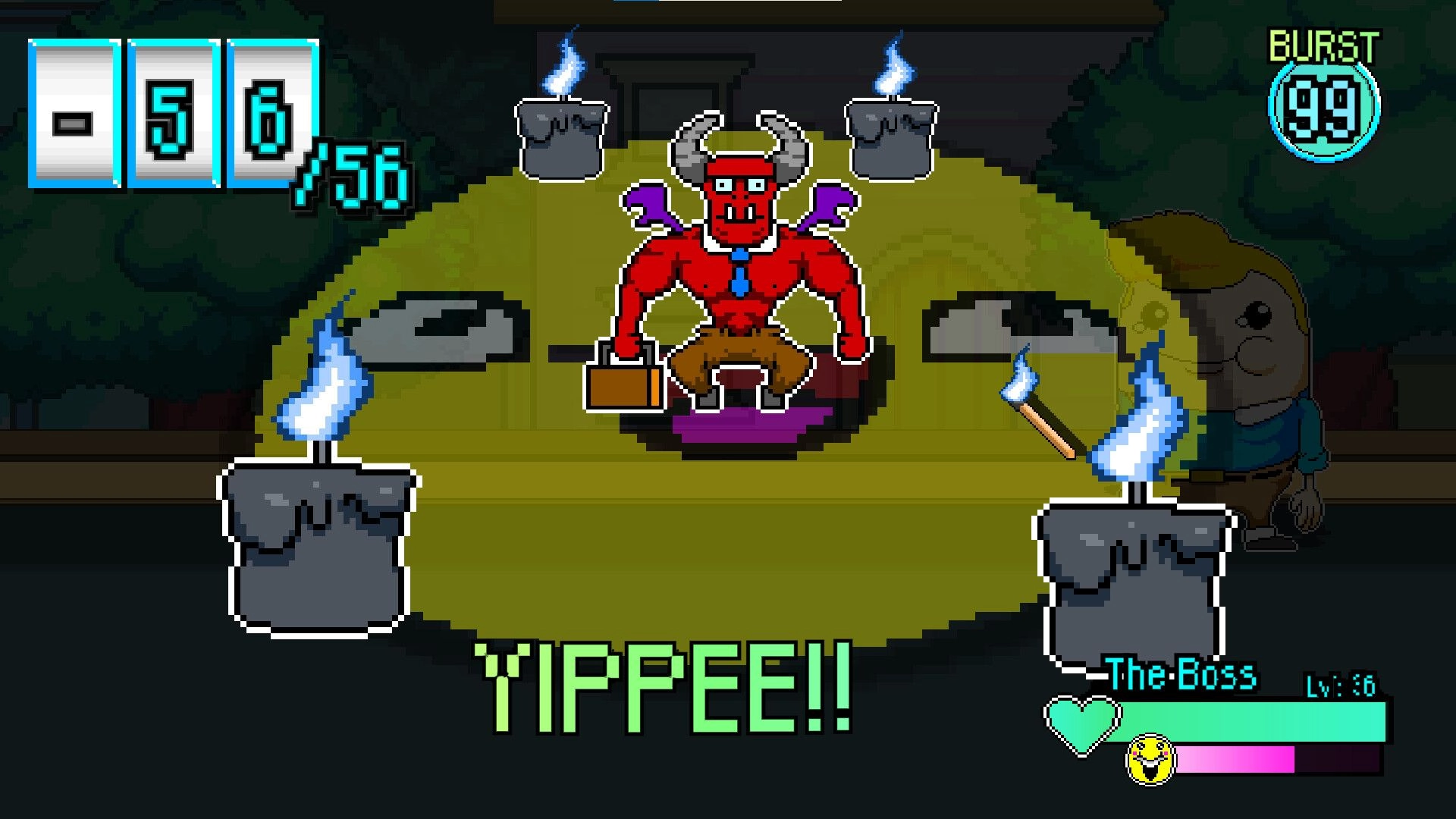 Tales of Tuscany: Boss battle with horned red demon as candles flicker in dark forest arena UI visible.