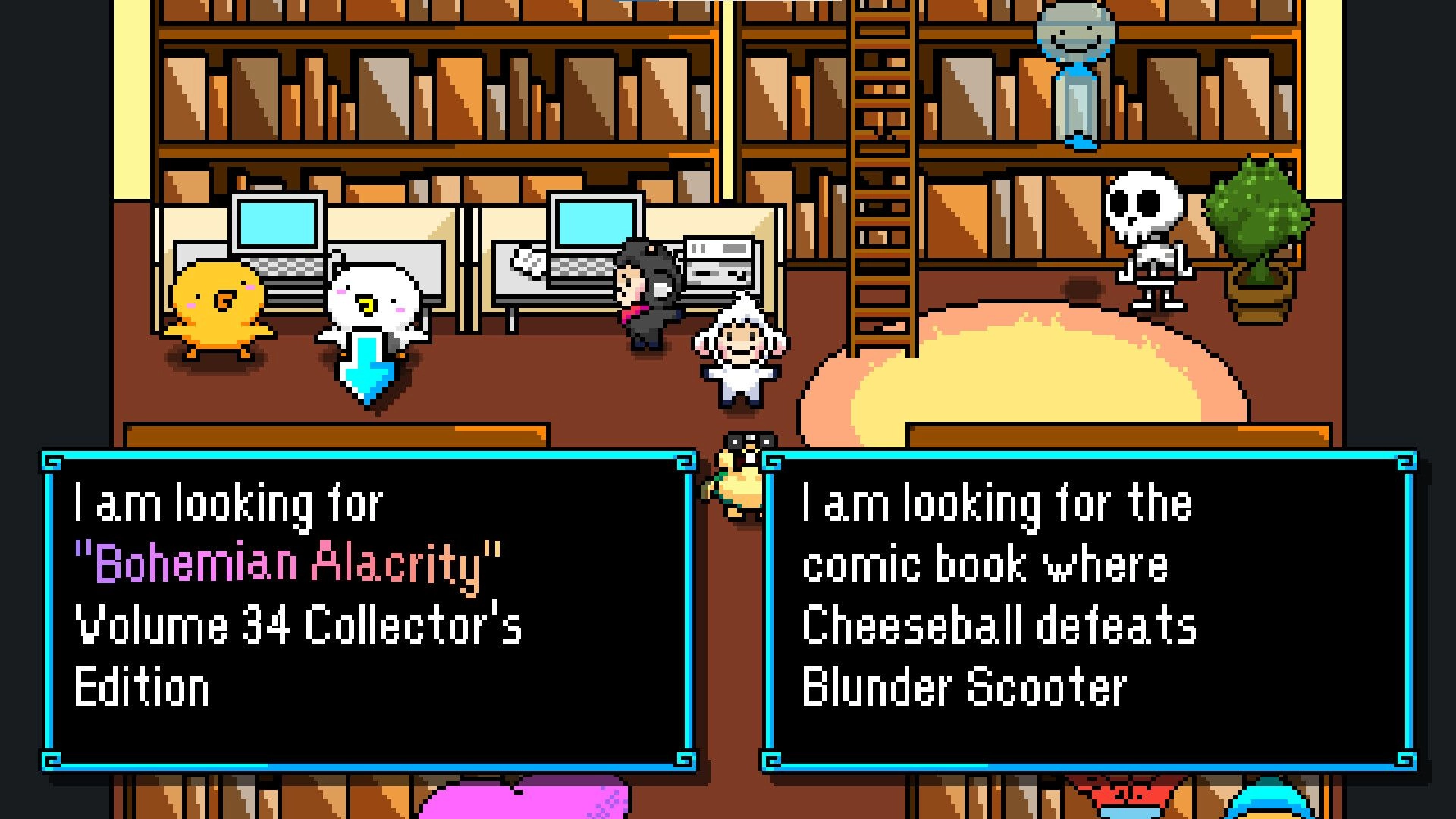 Tales of Tuscany: Dialogue boxes over a library room with NPCs by computers and tall bookshelves.