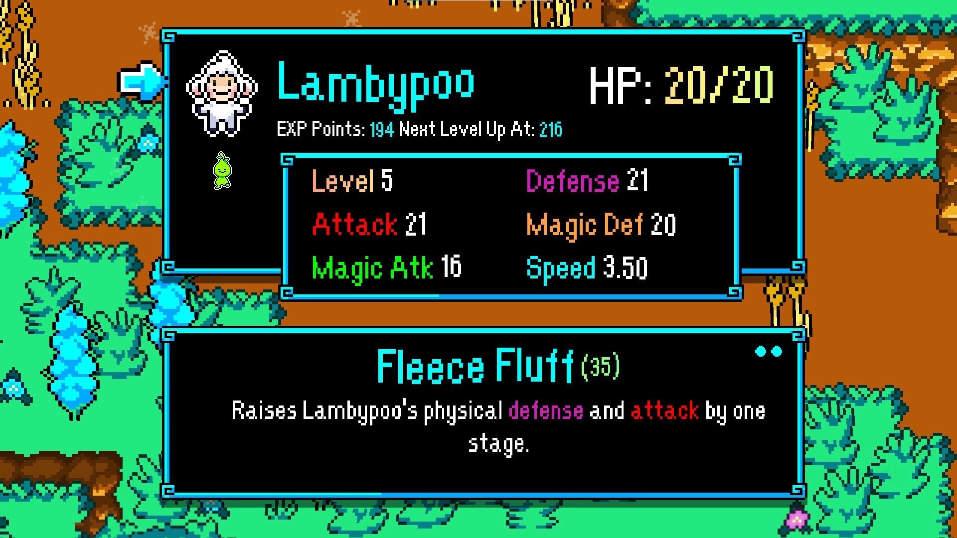 Tales of Tuscany: Lambypoo stats and Fleece Fluff skill info open over a leafy pixel forest path.