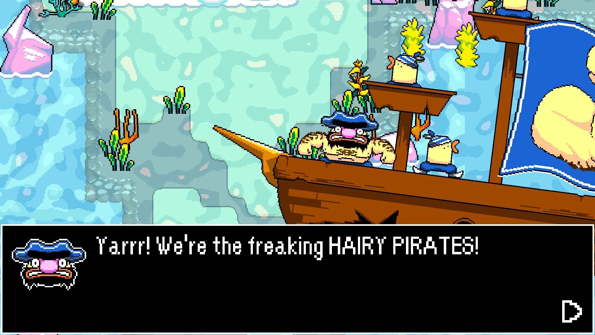 Tales of Tuscany: Hairy pirate crew on a wooden ship, dialogue box reads “Yarr!” over icy sea cliffs.