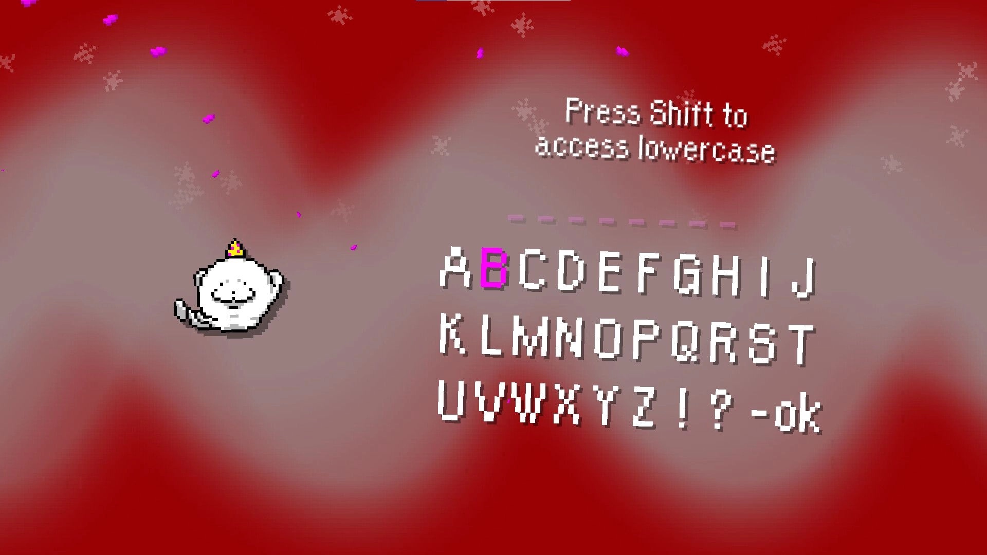 Tales of Tuscany: Name entry screen with pixel alphabet and Shift tip beside a lamb avatar on red backdrop.