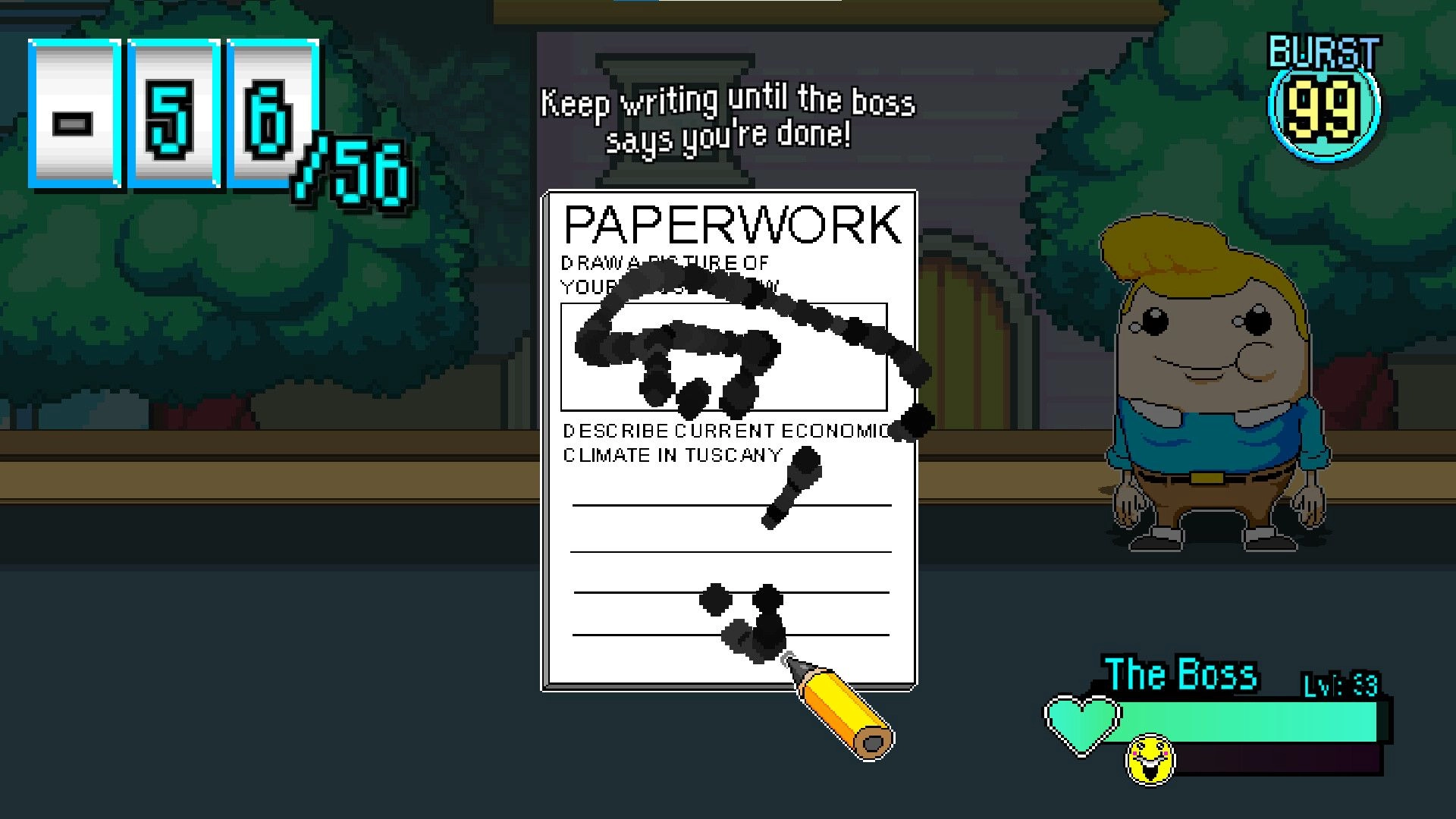 Tales of Tuscany: Paperwork writing minigame with boss HP bar, pencil scribbles, and burst meter UI.