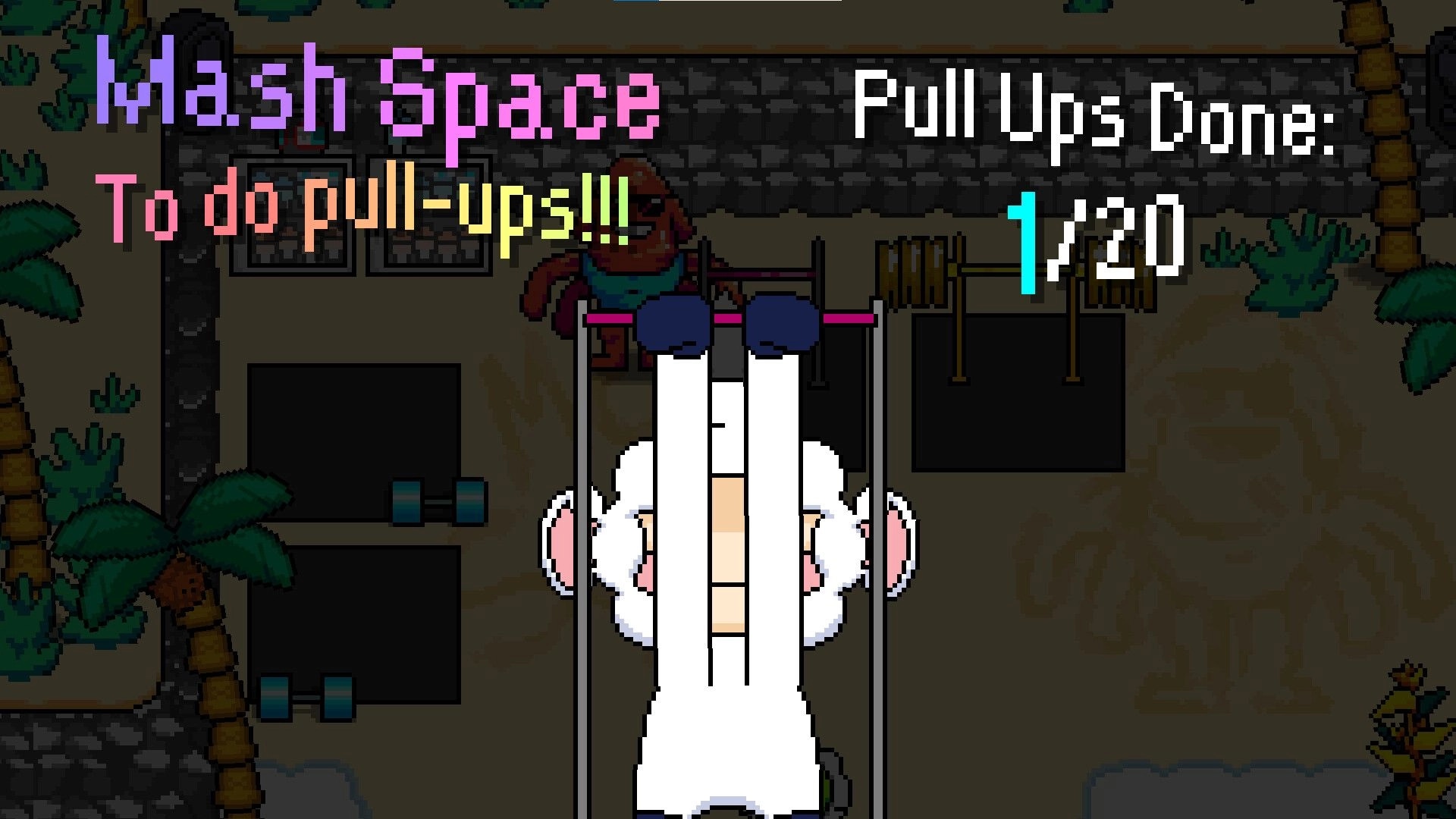 Tales of Tuscany: LAMBYPOO doing pull-ups in gym area, with Wash Space text and 1/20 counter UI.