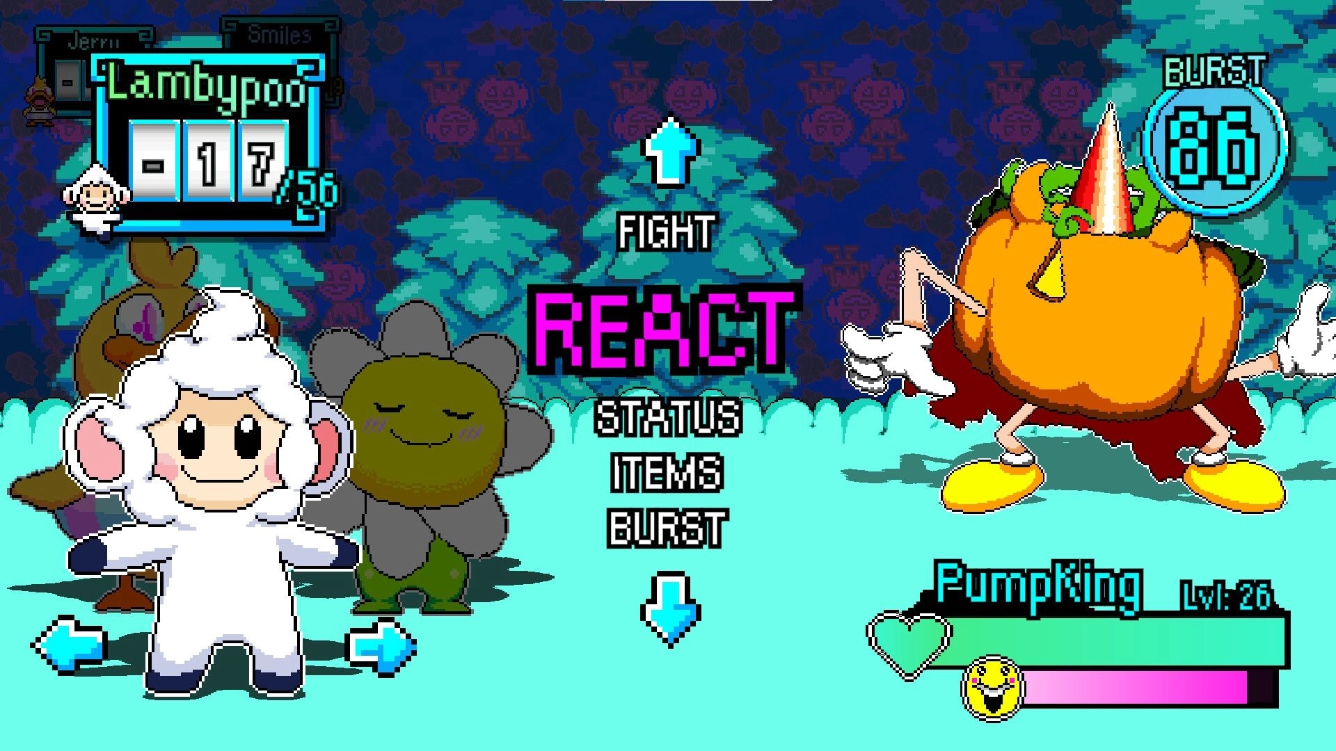 Tales of Tuscany: LAMBYPOO battle menu on REACT facing Pumpkin enemy in a leafy forest arena.