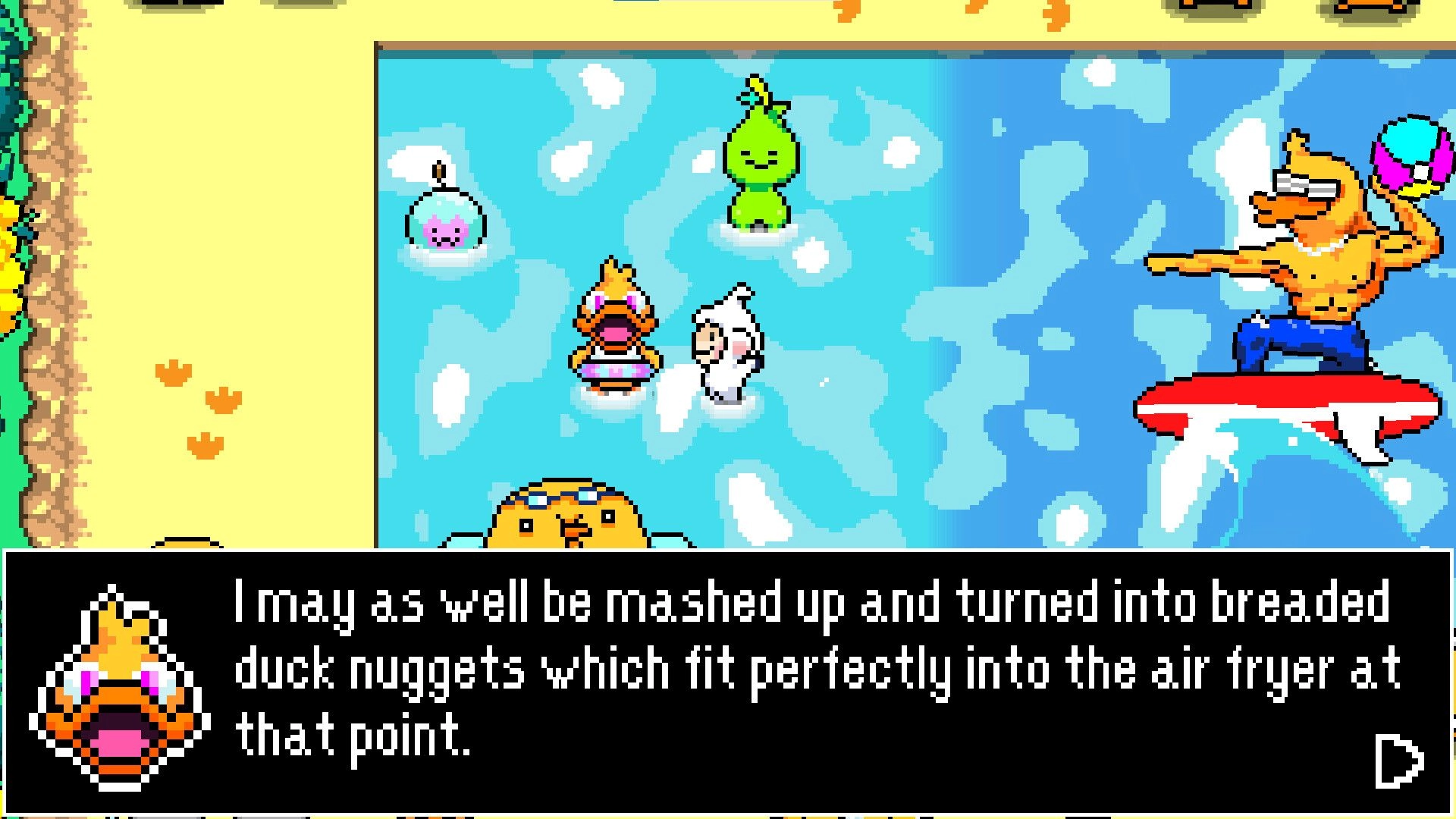 Tales of Tuscany: Dialogue box over beach scene with party sprites in shallow water and surfer NPC nearby.