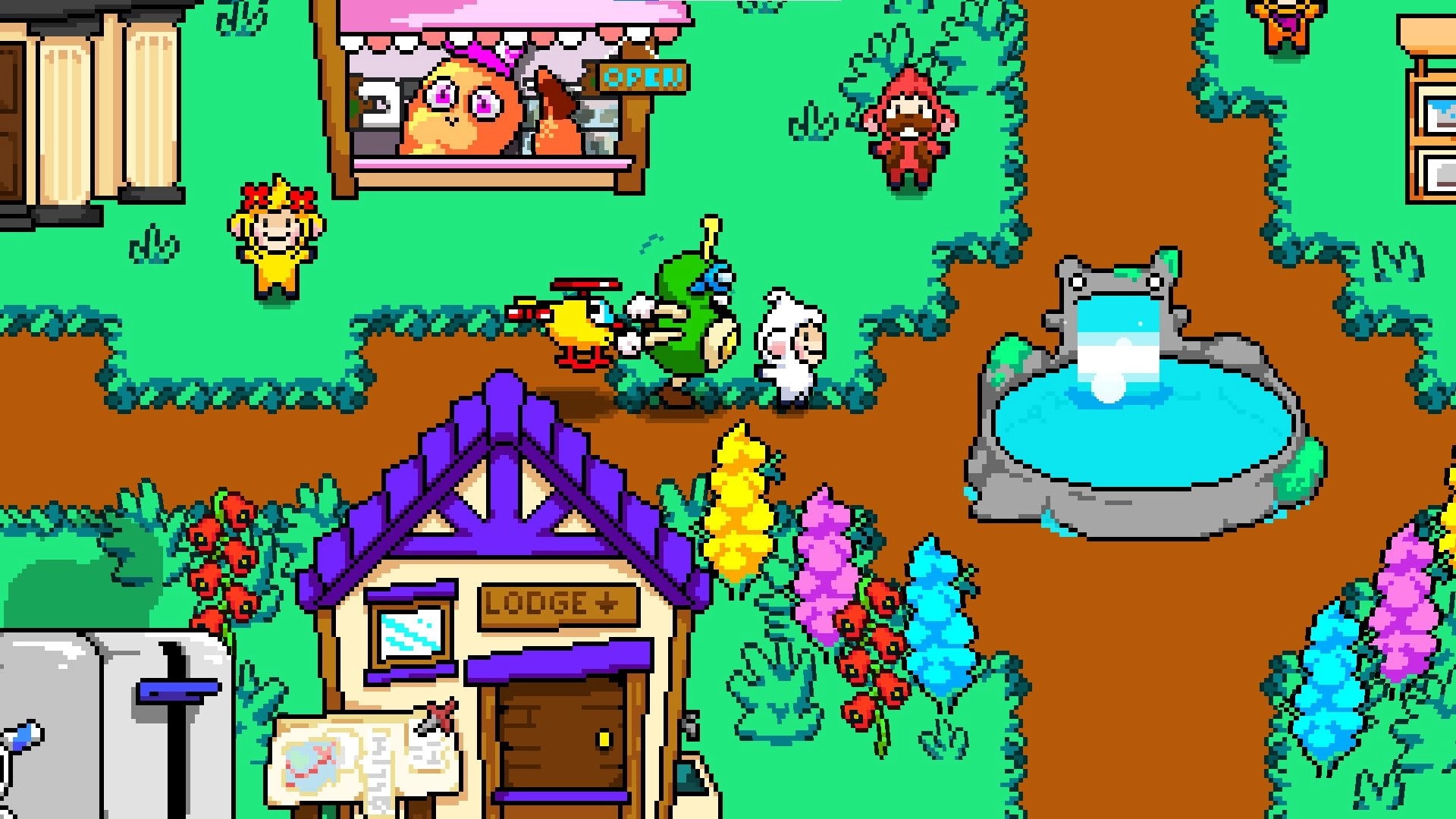 Tales of Tuscany: LAMBYPOO walks past the Lodge and a glowing fountain in a colorful village path.
