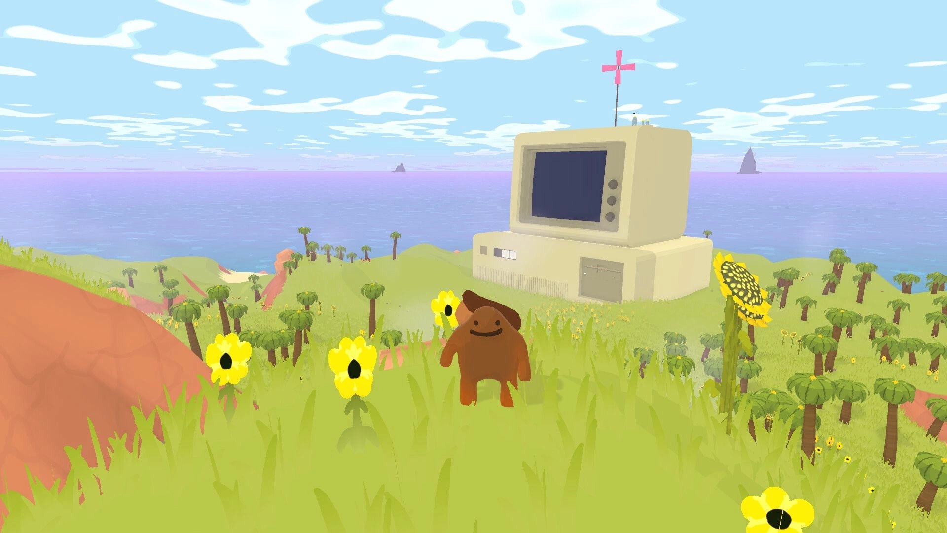 Tall Trails: Alp exploring grassy field with sunflowers and a giant computer overlooking the ocean.