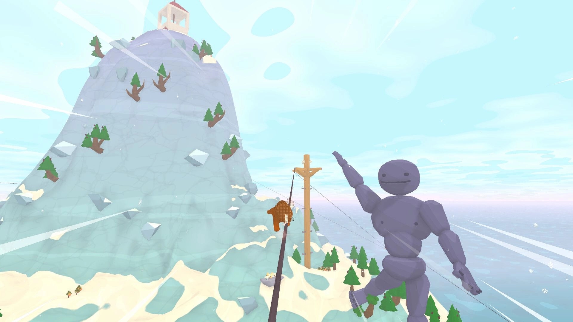 Tall Trails: Alp zip-lines down a snowy mountain near a giant statue with ocean view in background