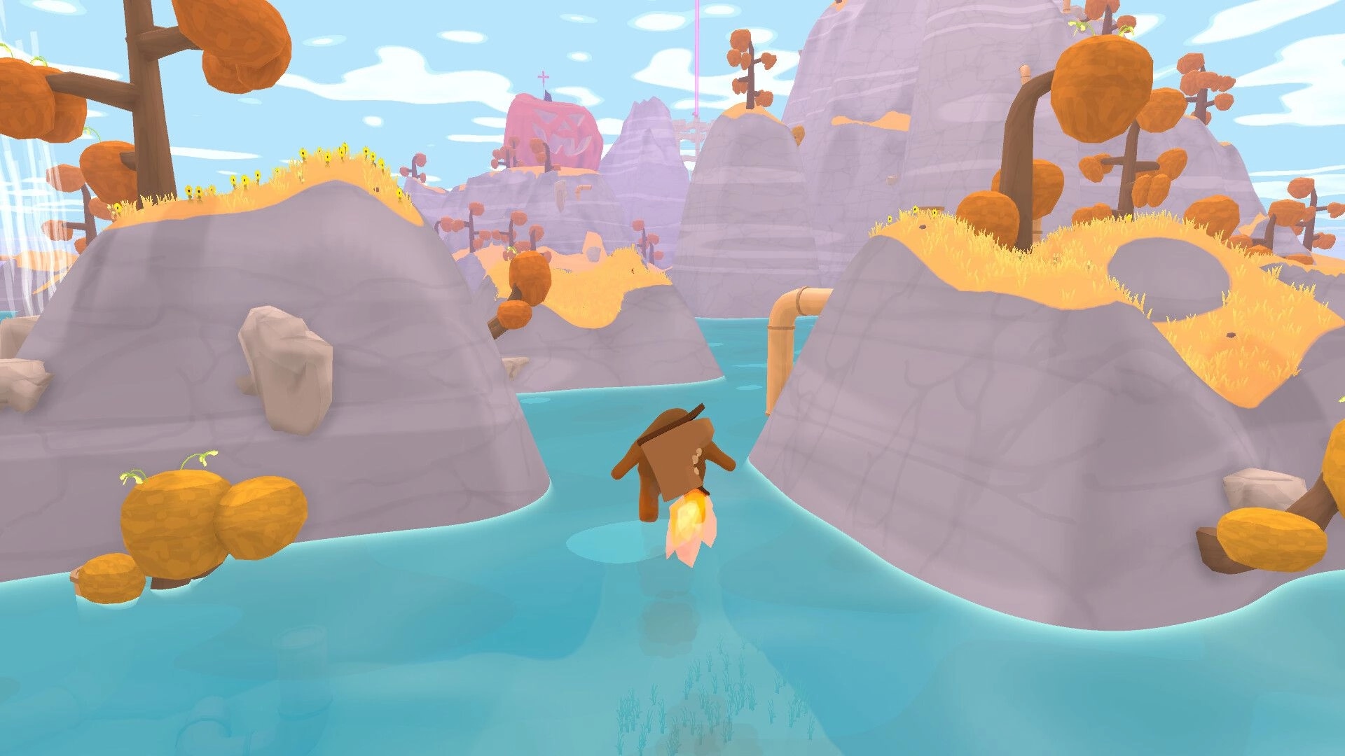 Tall Trails: Alp using rocket boot to soar over a serene waterway in a colorful, rocky landscape.