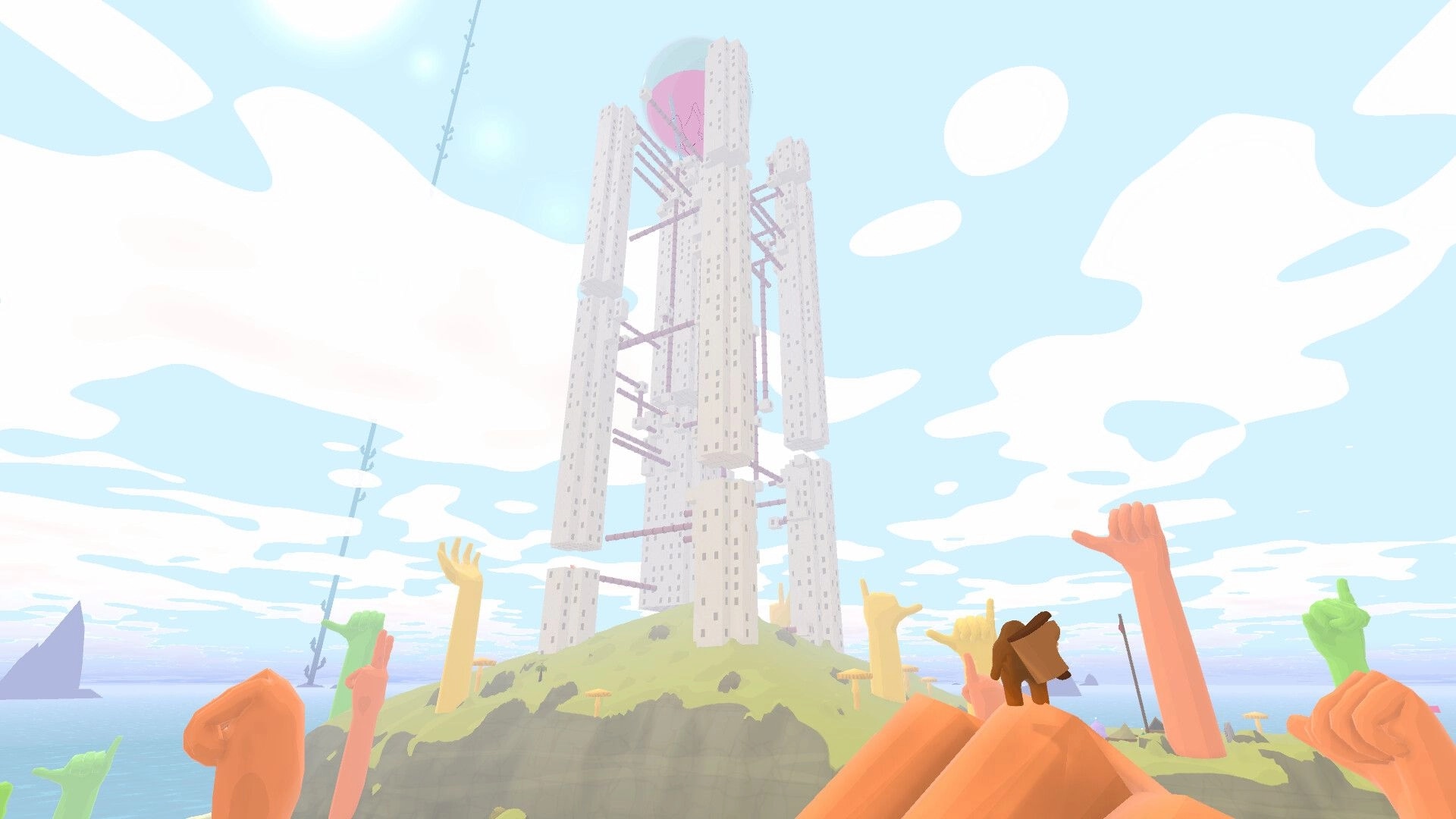 Tall Trails: Alp stands on a giant orange hand, gazing at a tall, intricate tower on a grassy hilltop
