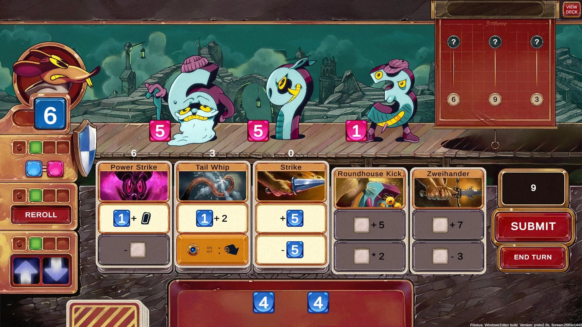 Talystro: Combat with three quirky enemies on a wooden platform, displaying dice and card actions