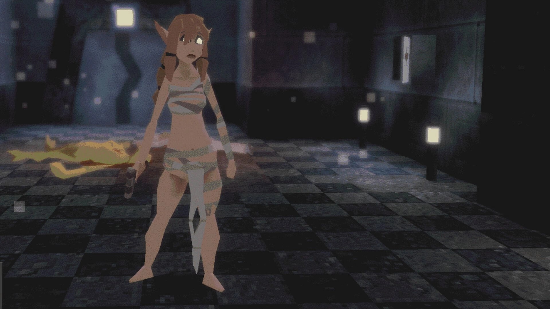 Tamara: Bandaged elf girl holds a pistol in a dim tiled corridor with glowing light panels.