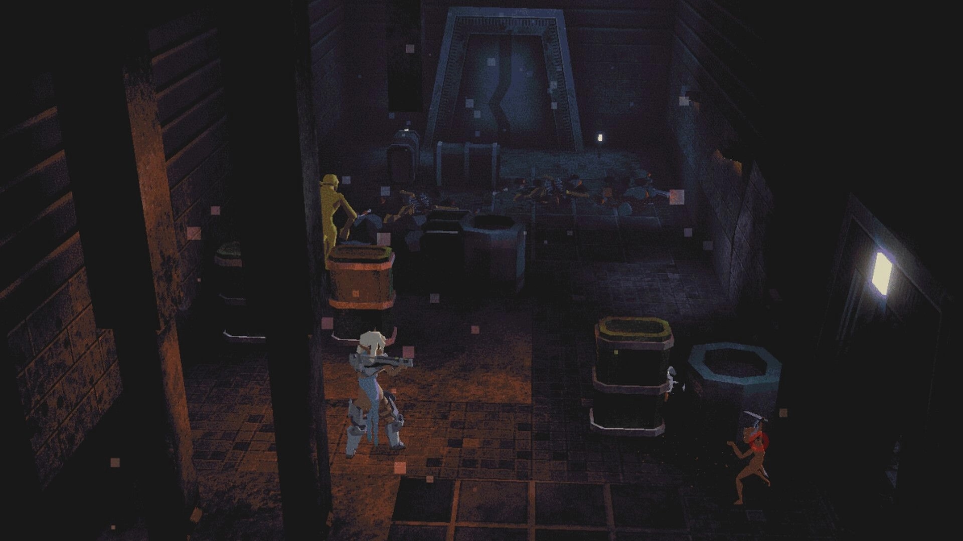 Tamara: Top-down firefight with rifle-wielding characters amid barrels in a dark industrial room.
