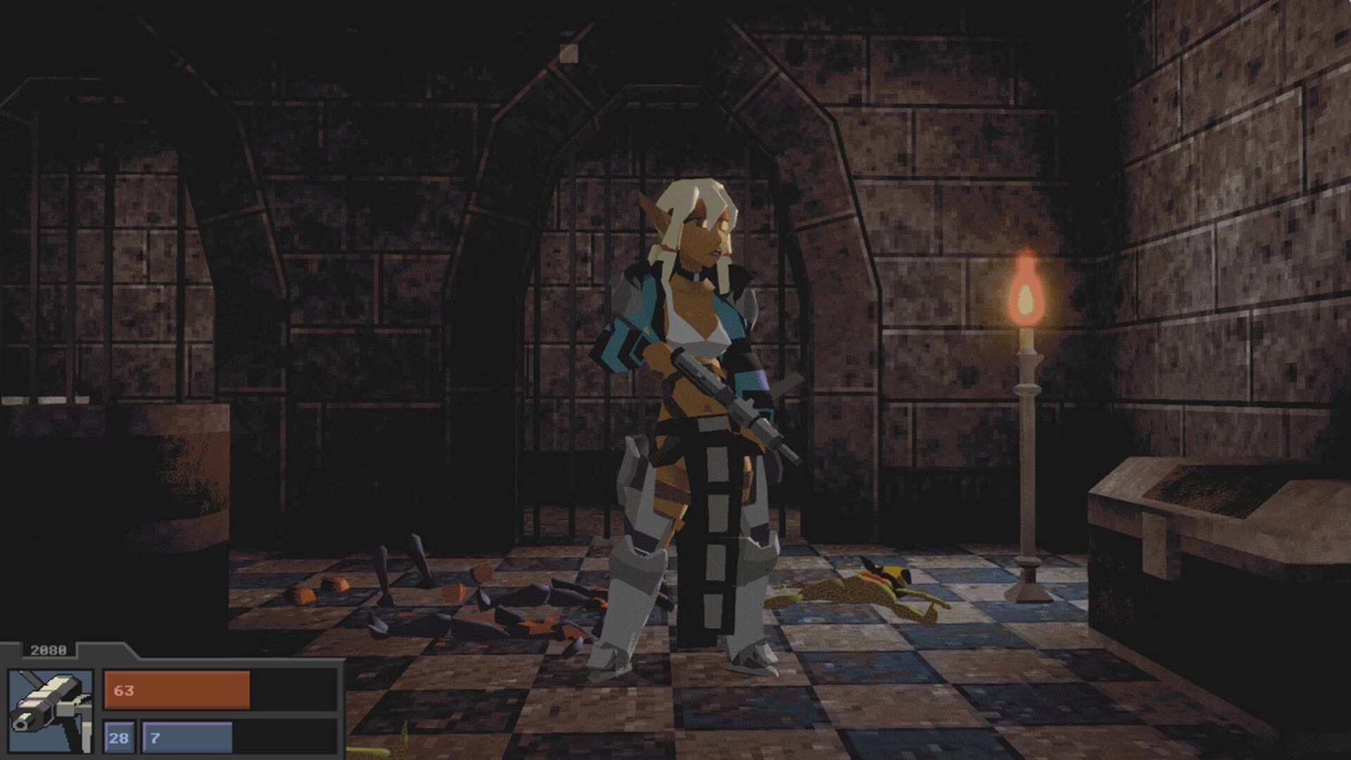Tamara: Armed elf woman stands in a stone corridor by a torch, HUD shows ammo and health bars.