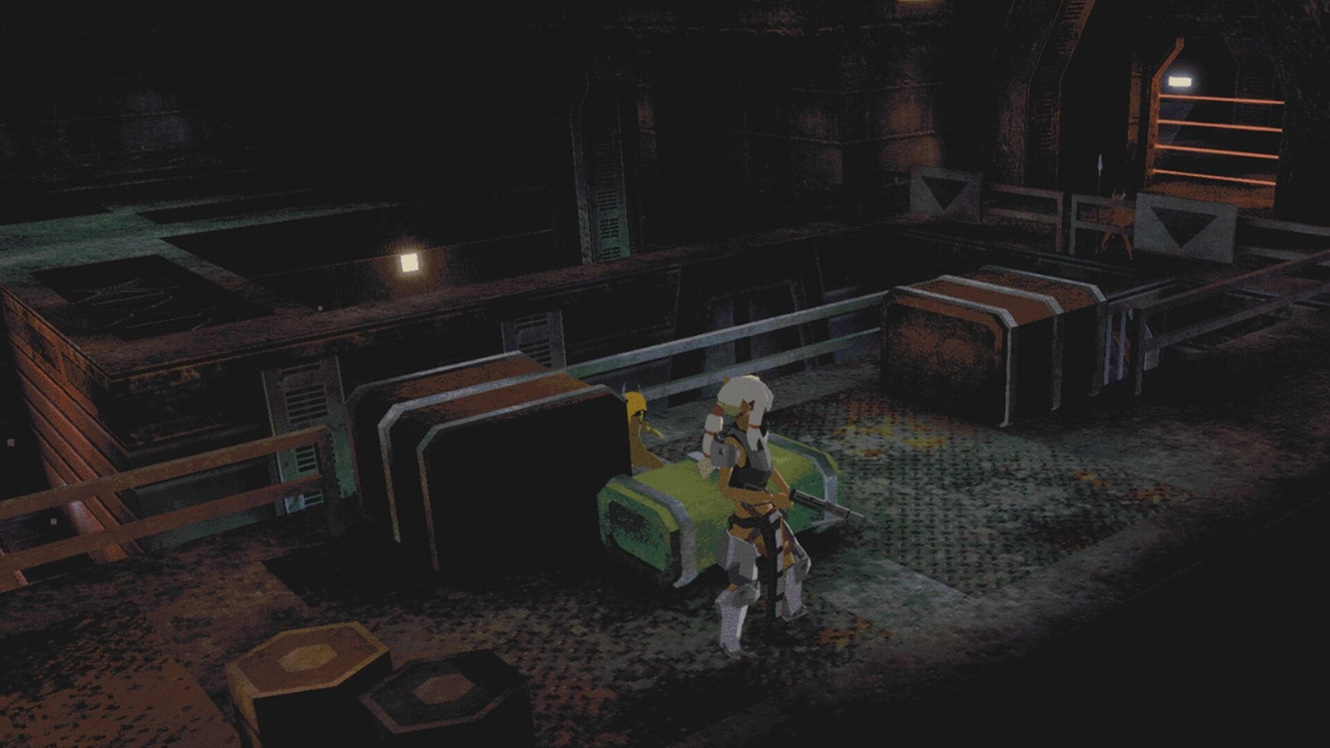 Tamara: Armored character with rifle beside a green crate on a dim industrial catwalk corridor.
