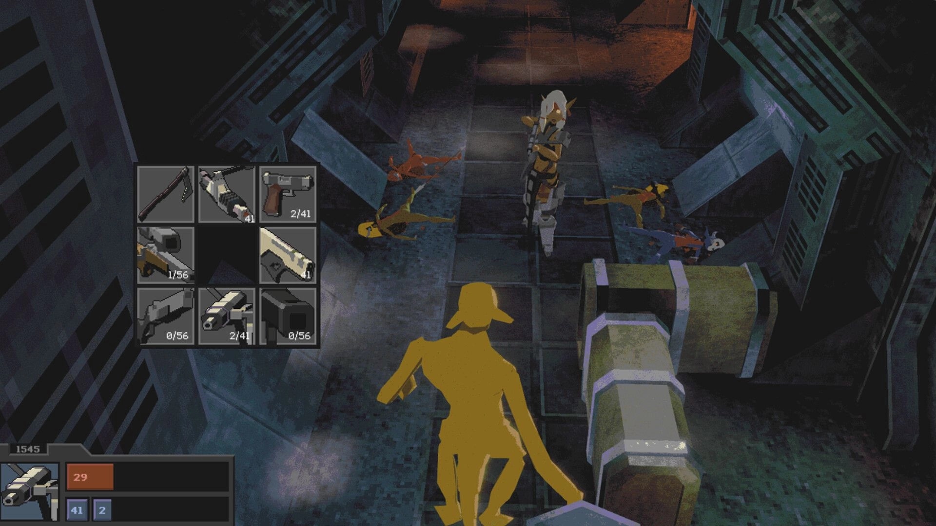 Tamara: Inventory grid of weapons open as armed character stands in a dim corridor with bodies nearby.