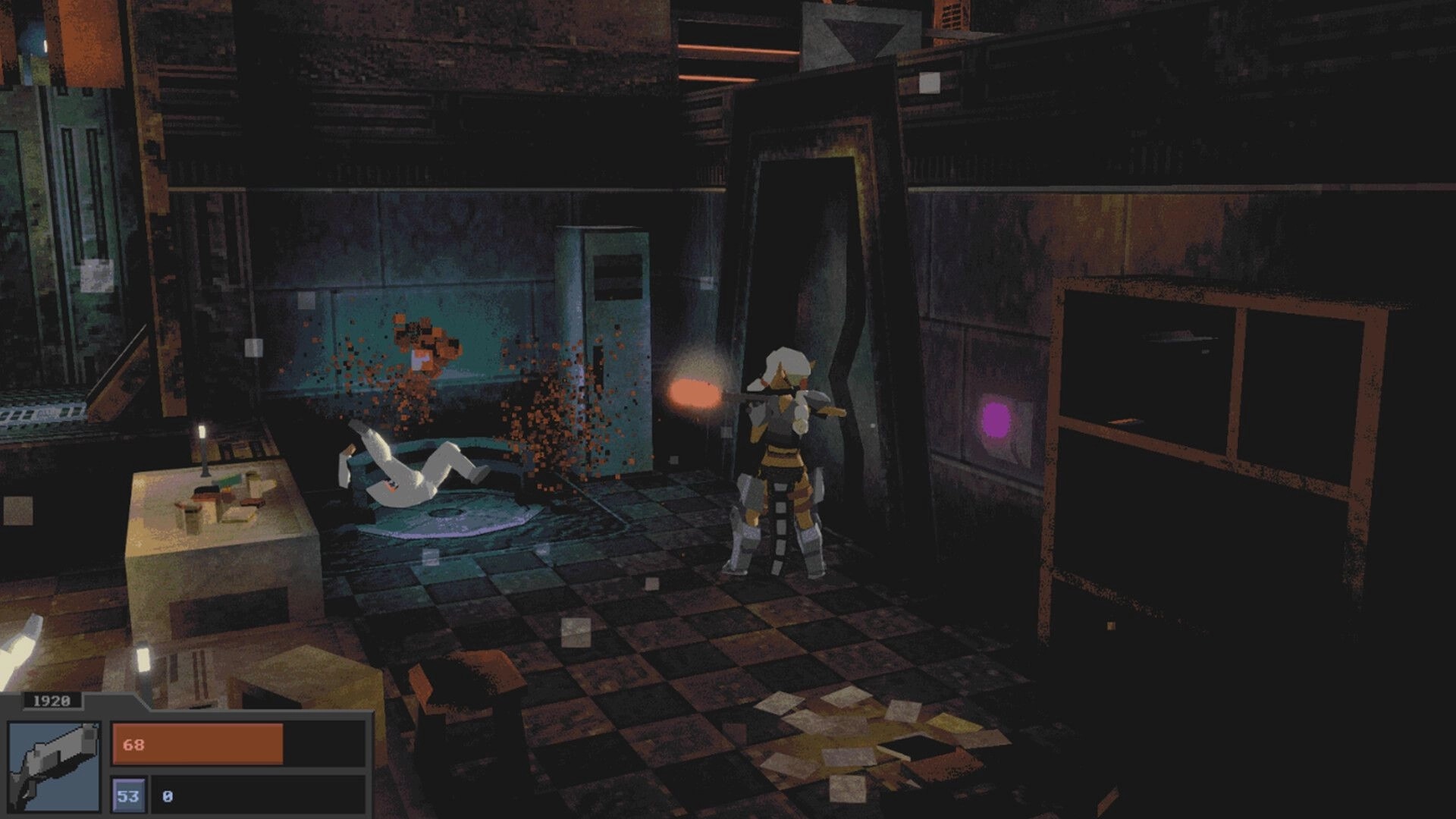Tamara: Armored fighter aims a rifle at a floating body in a grimy room with HUD bars bottom-left.