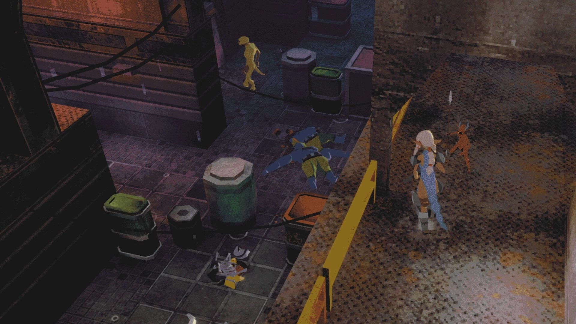 Tamara: Player character watches a dog and a body near barrels in a dim industrial alleyway.