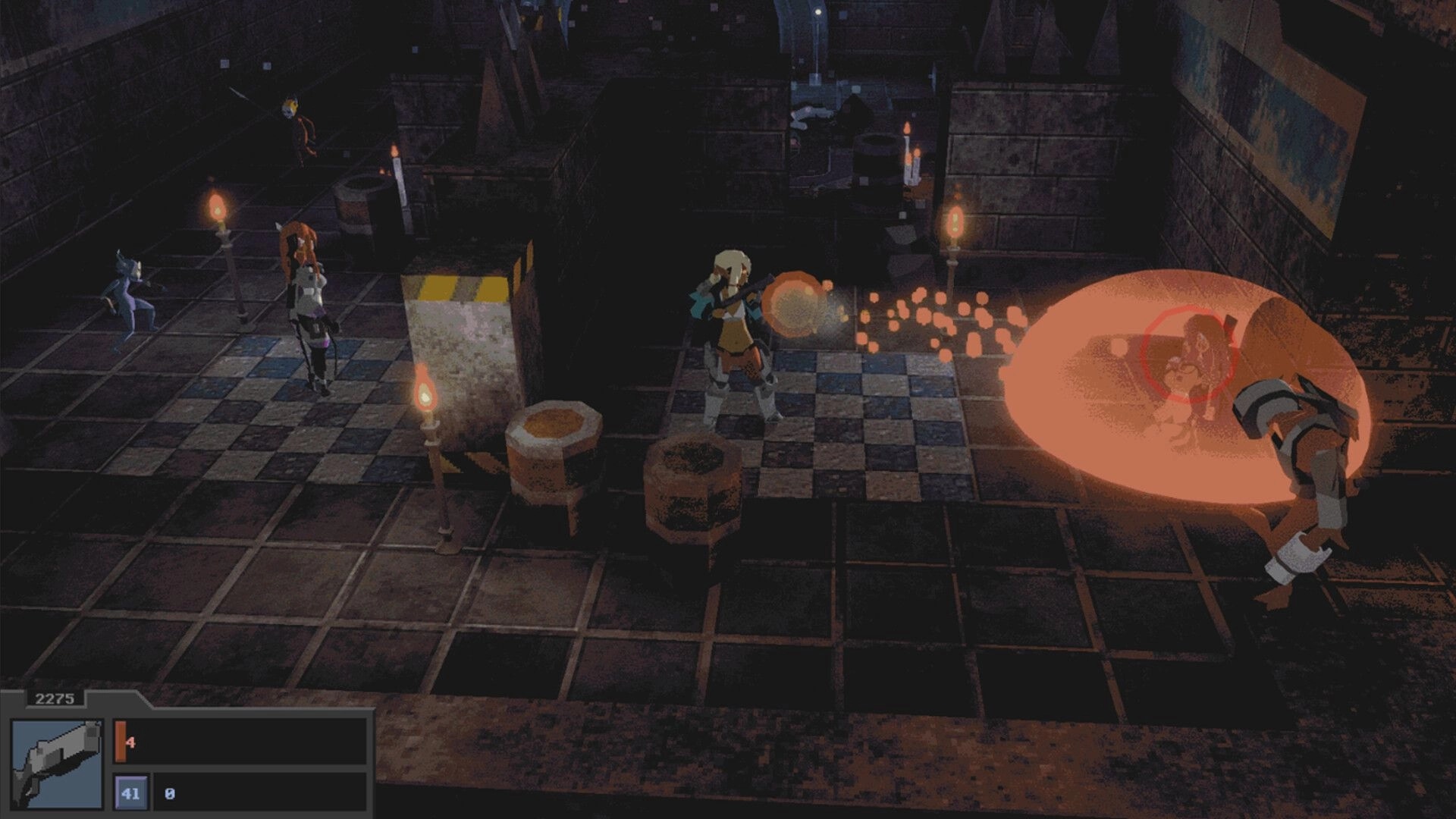 Tamara: Party fights in a torchlit dungeon corridor as a hero fires a glowing shot at an enemy.