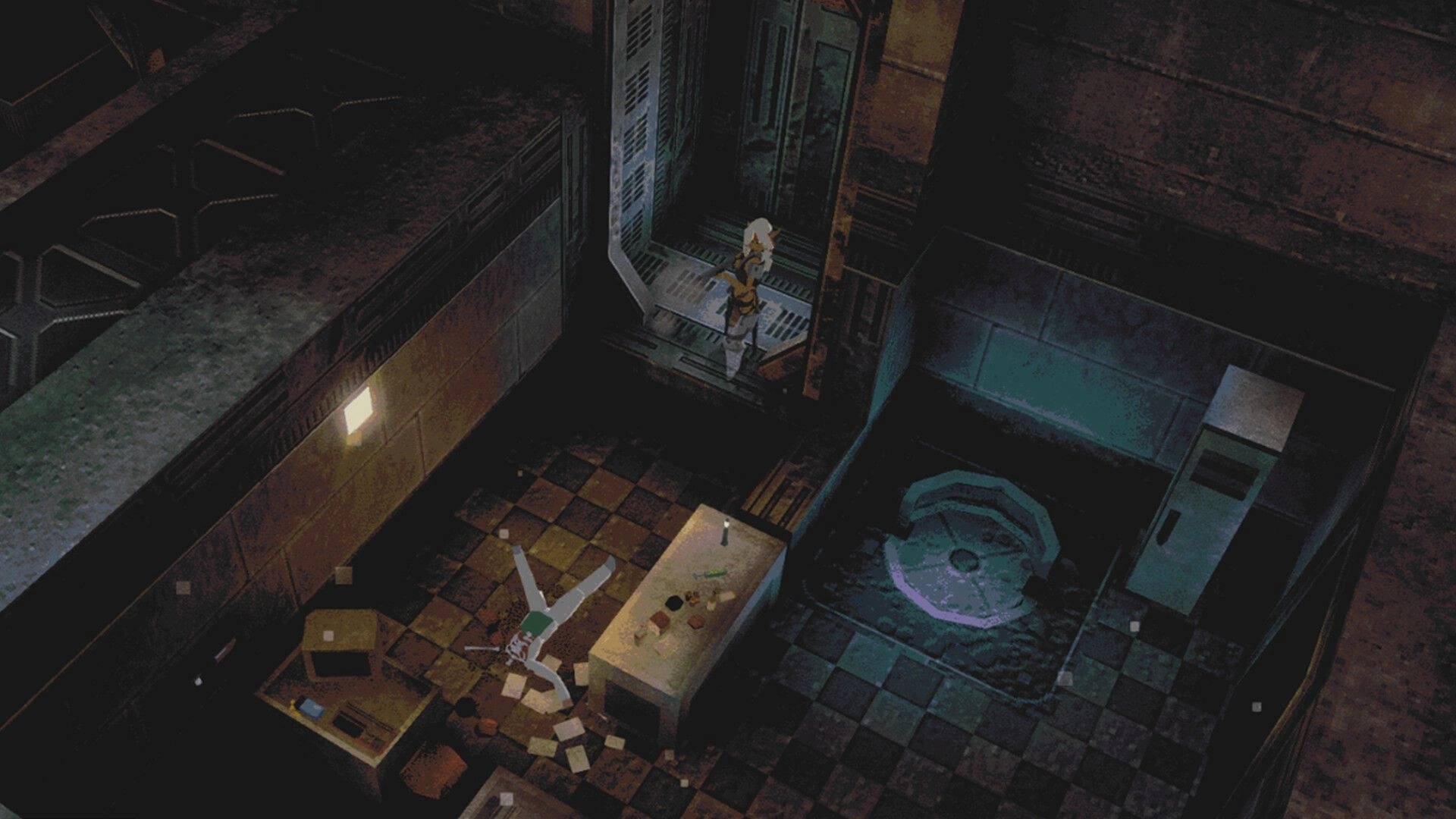 Tamara: Player character stands in a doorway above a tiled room with body, desk, and pool.