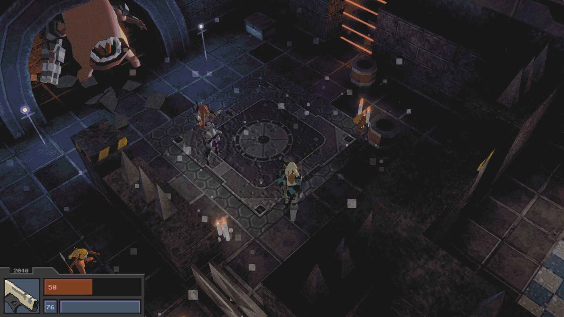 Tamara: Top-down party explores a dark metal dungeon room with candles, rubble, and a HUD bar.