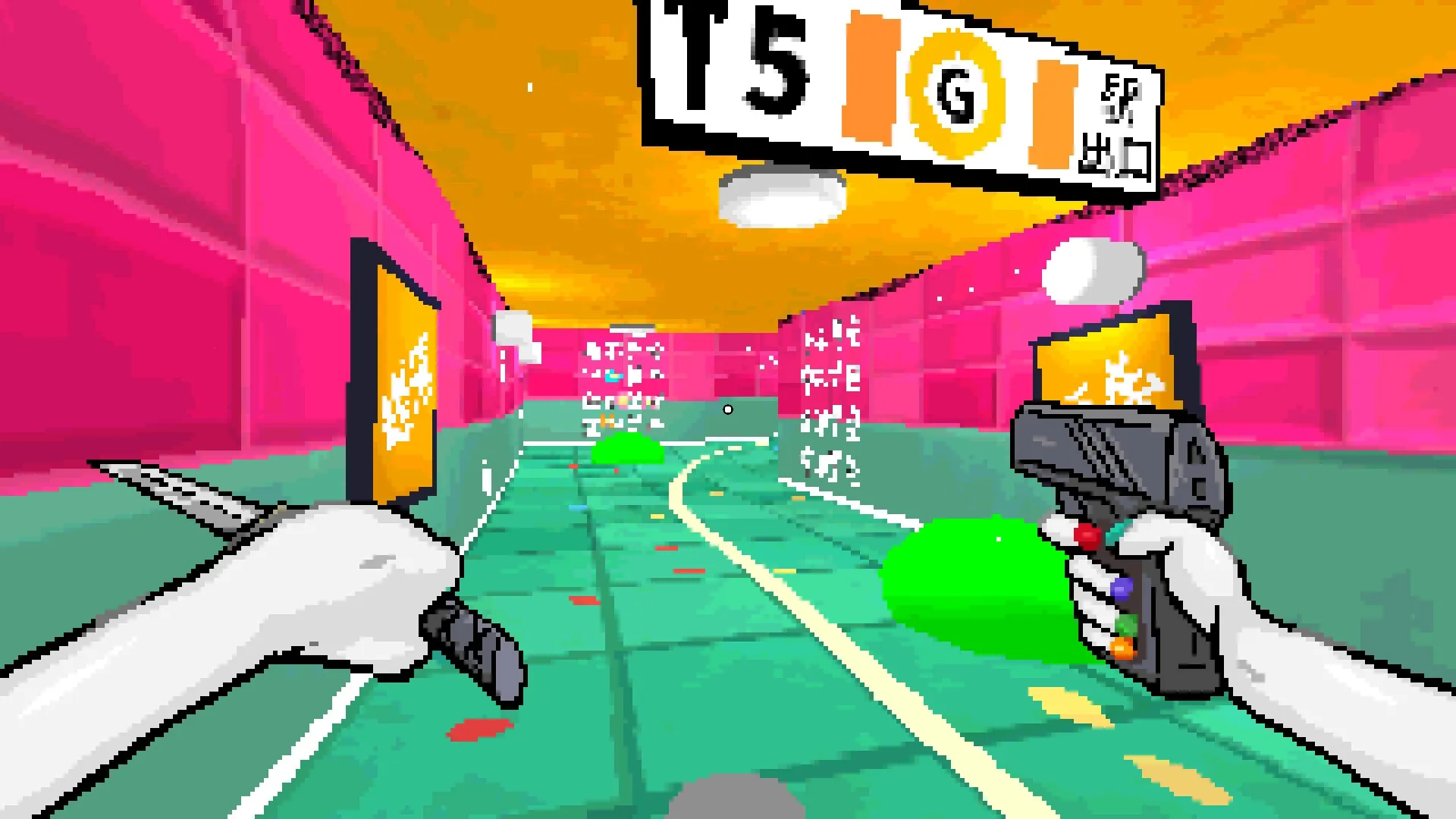 TAMASHIKA: First-person corridor with knife and gun, vibrant pink walls, and colorful floor tiles