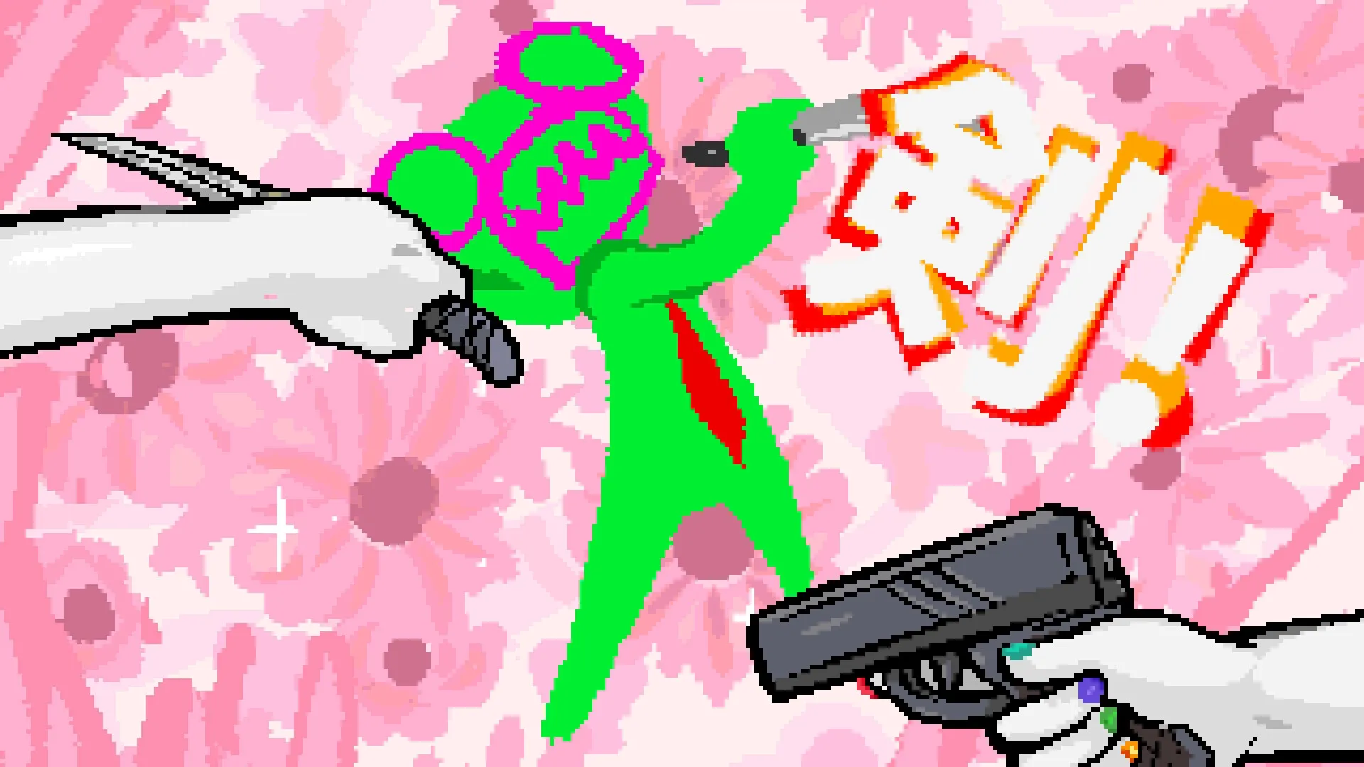 TAMASHIKA: Green character with knives and a gun in floral background, dramatic action text displayed