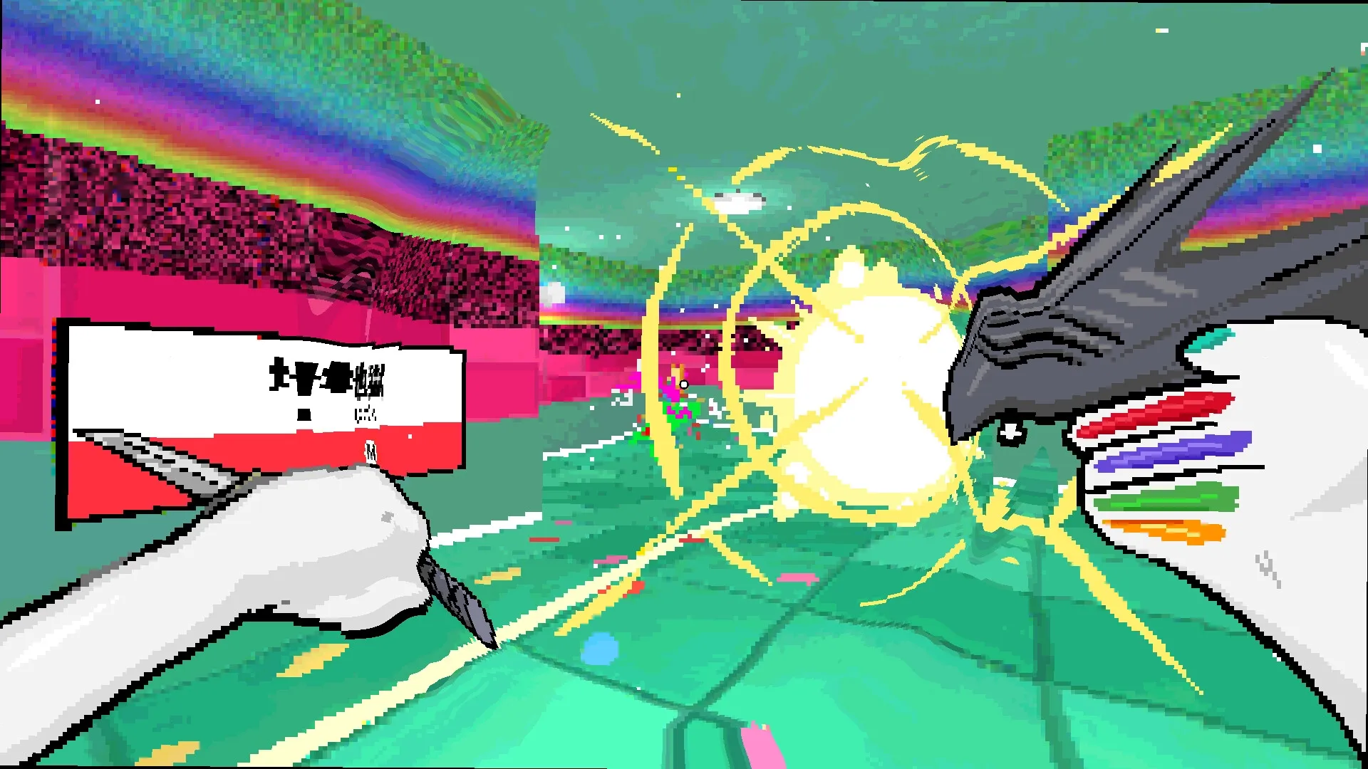 TAMASHIKA: First-person view with a hand holding a knife in a colorful, glitchy digital environment.