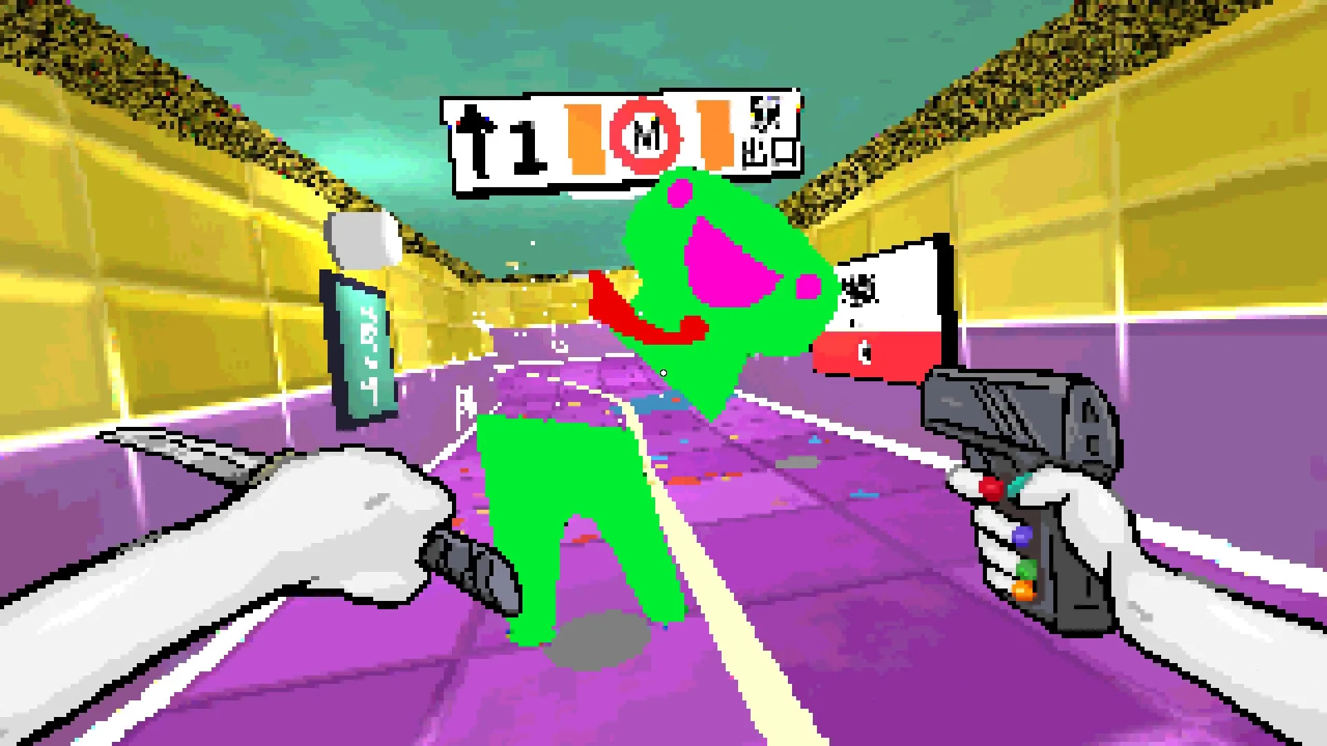 TAMASHIKA: Player dual-wields knife and gun facing bright green enemy in a vivid, colorful corridor.