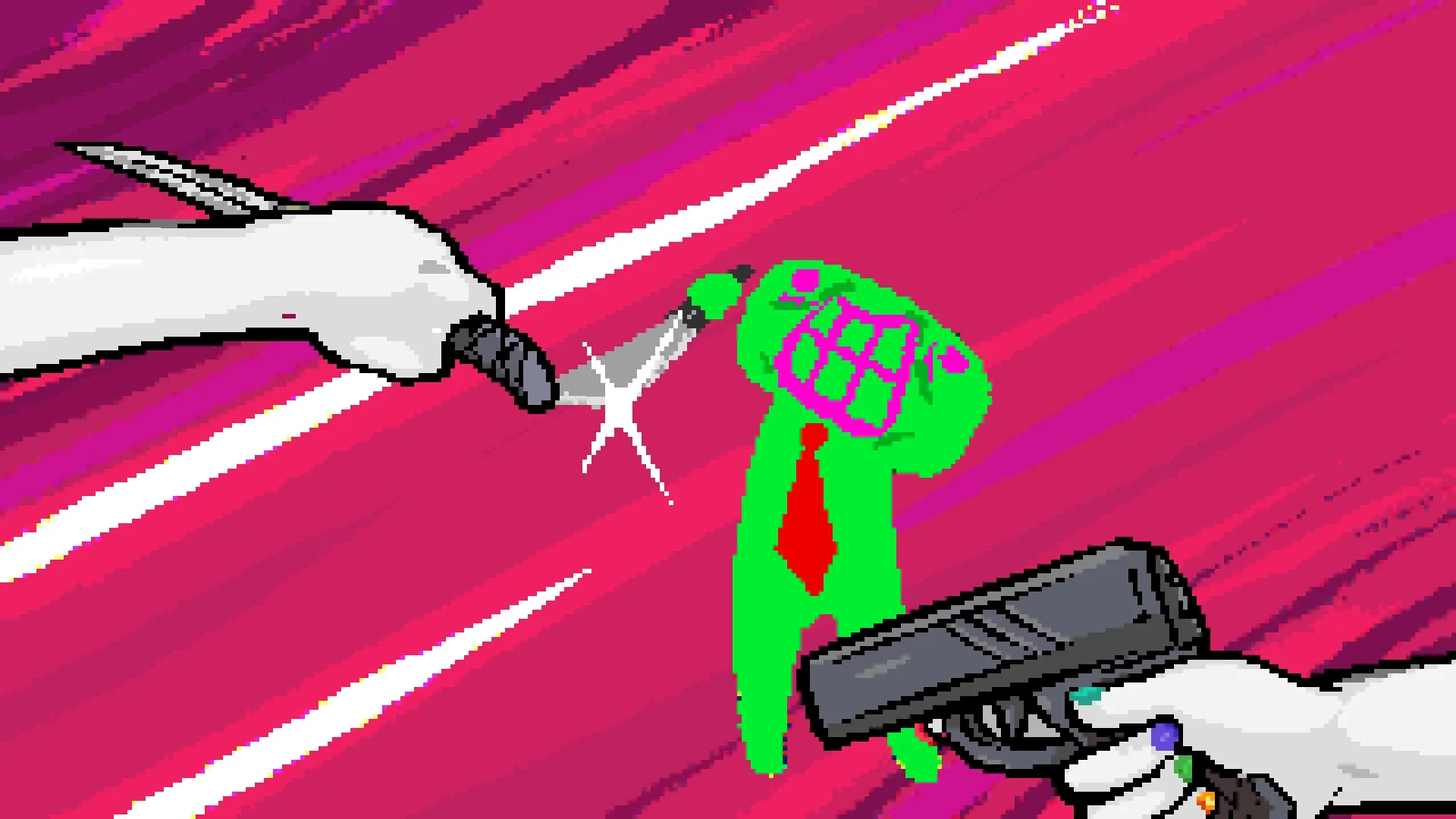 TAMASHIKA: Player dual-wields knife and gun against green enemy in vibrant, abstract pink background.