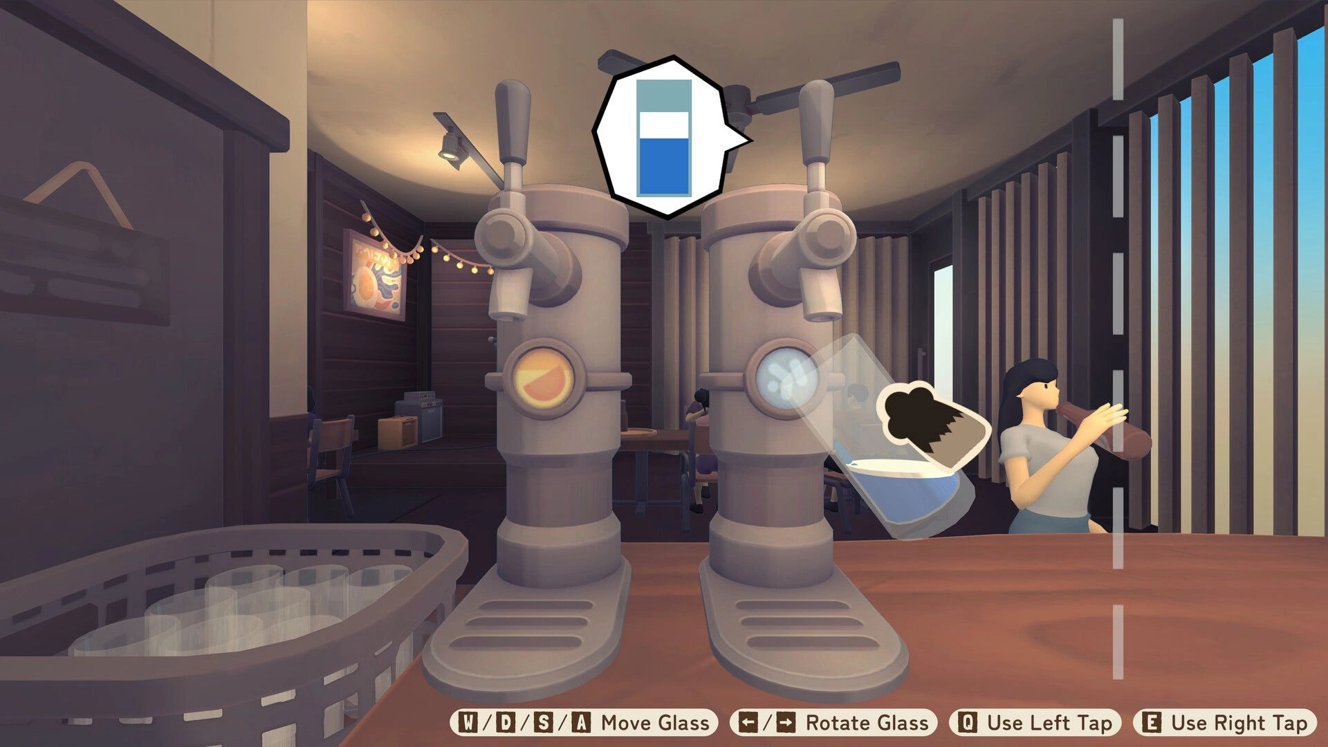 TANUKI: Bartending mini-game with drink mixers and a seated character in a cozy room setting.