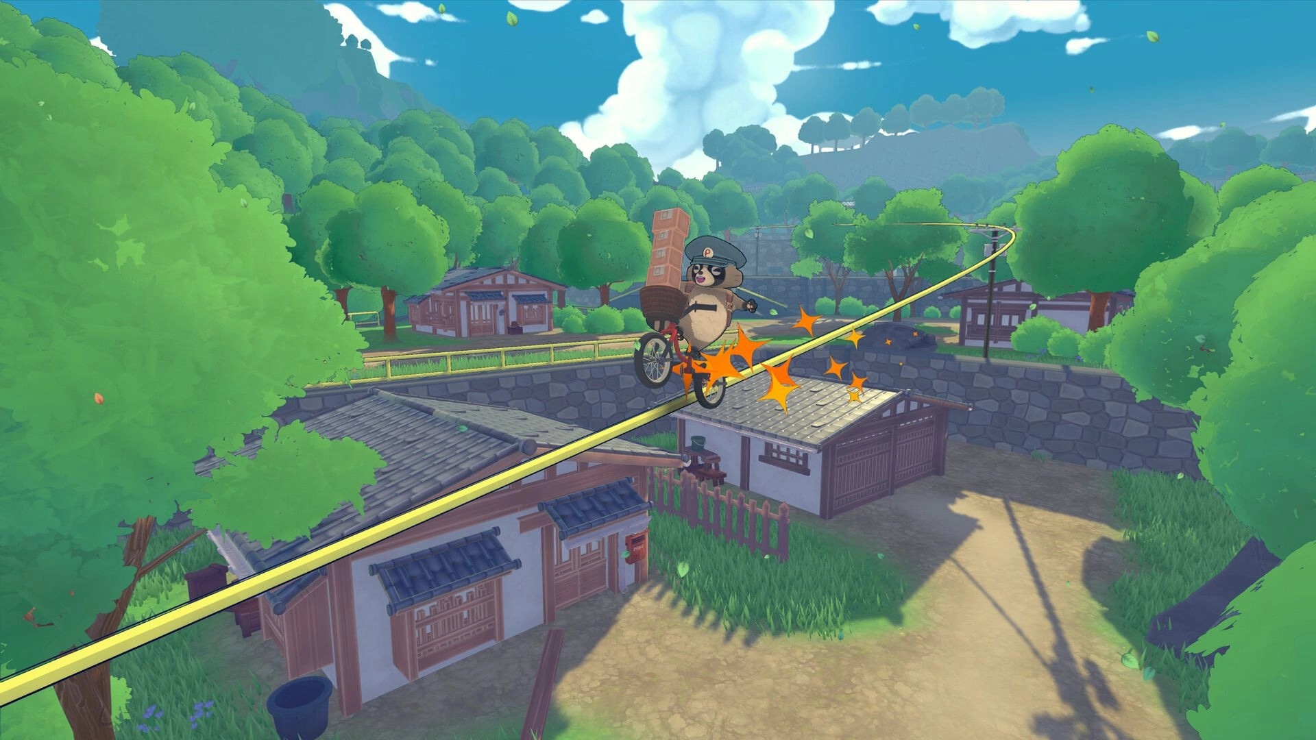 TANUKI: Pon rides a bicycle on a power line delivering packages above a sunny village landscape.