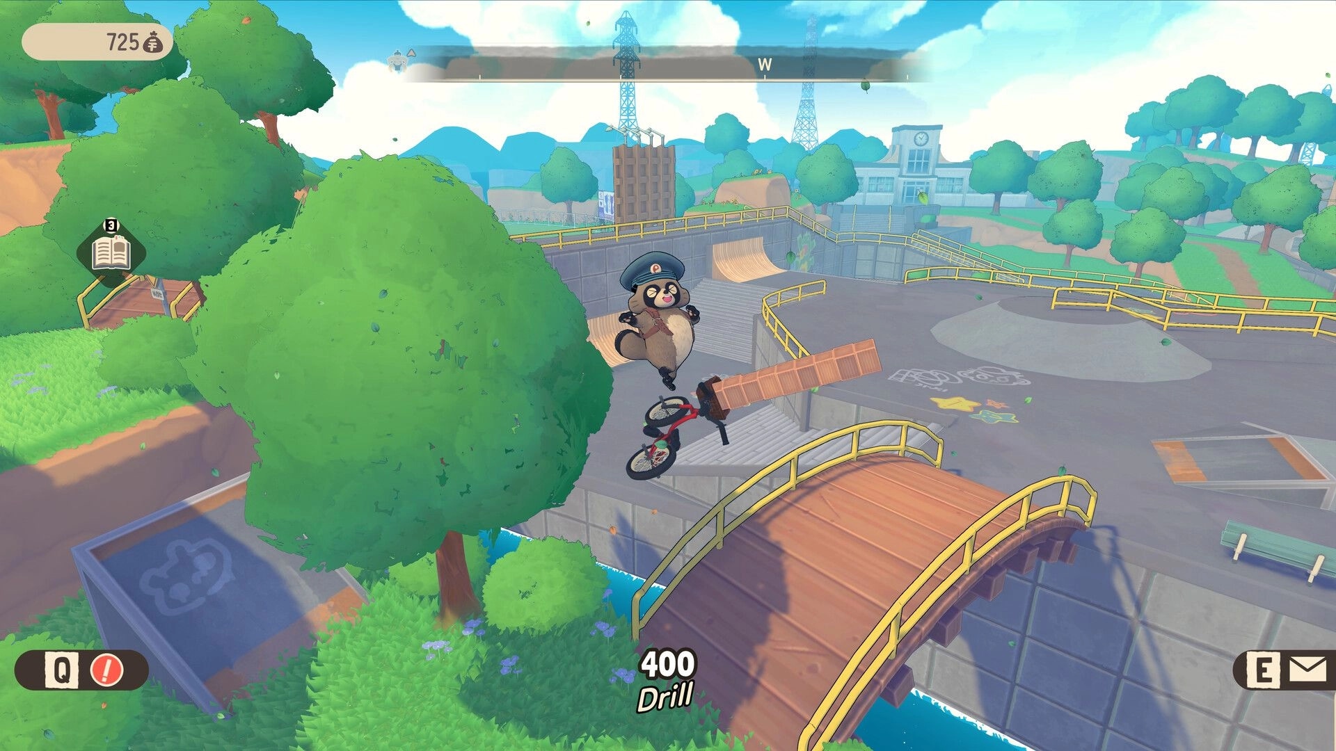 TANUKI: Pon performs a bike trick over a ramp in a colorful skate park, trees and buildings visible.