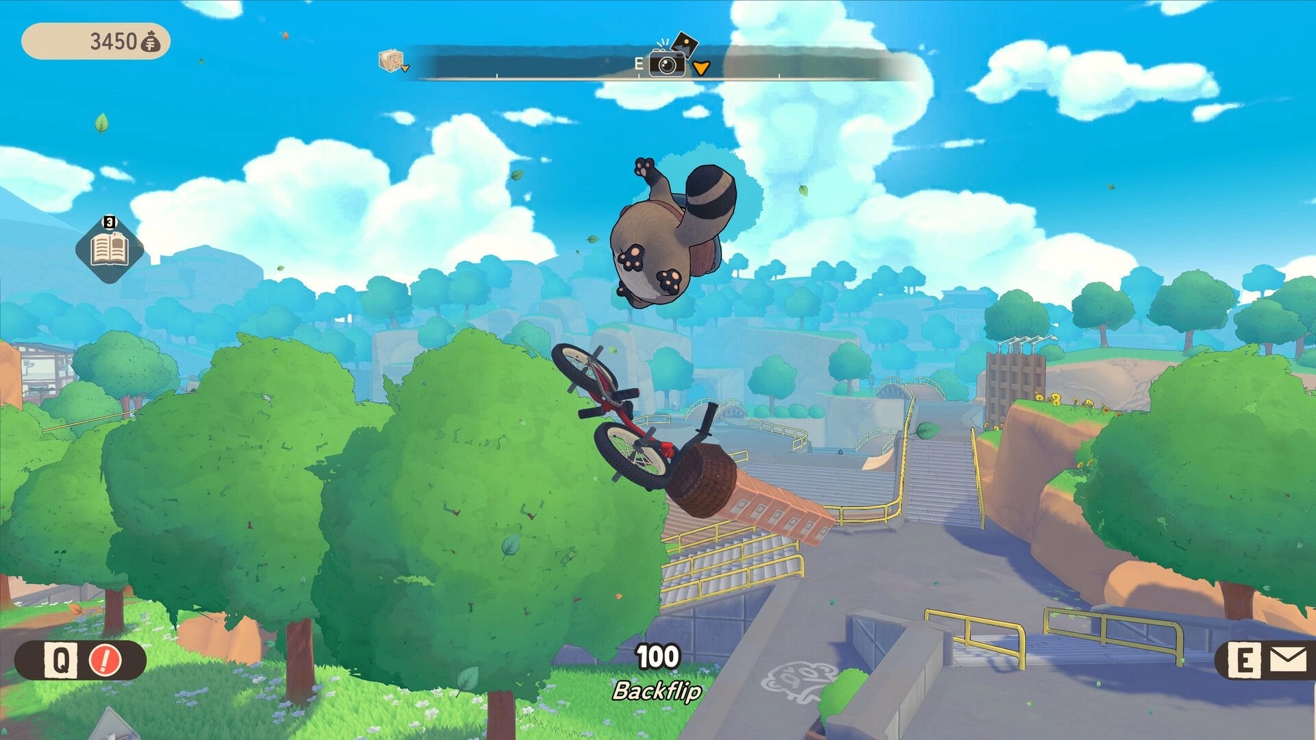 TANUKI: Pon performs a backflip on a bicycle in a sunny, tree-filled park with ramps and pathways.