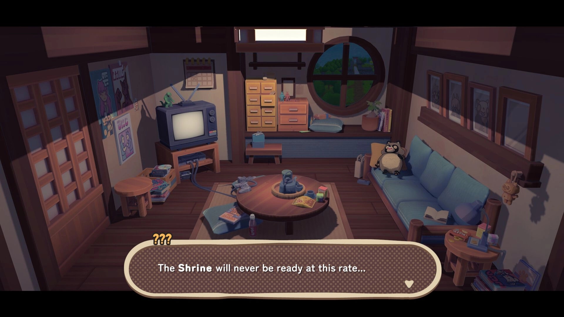 TANUKI: Cozy living room with TV, plush toy, and dialogue box hinting at shrine restoration urgency.