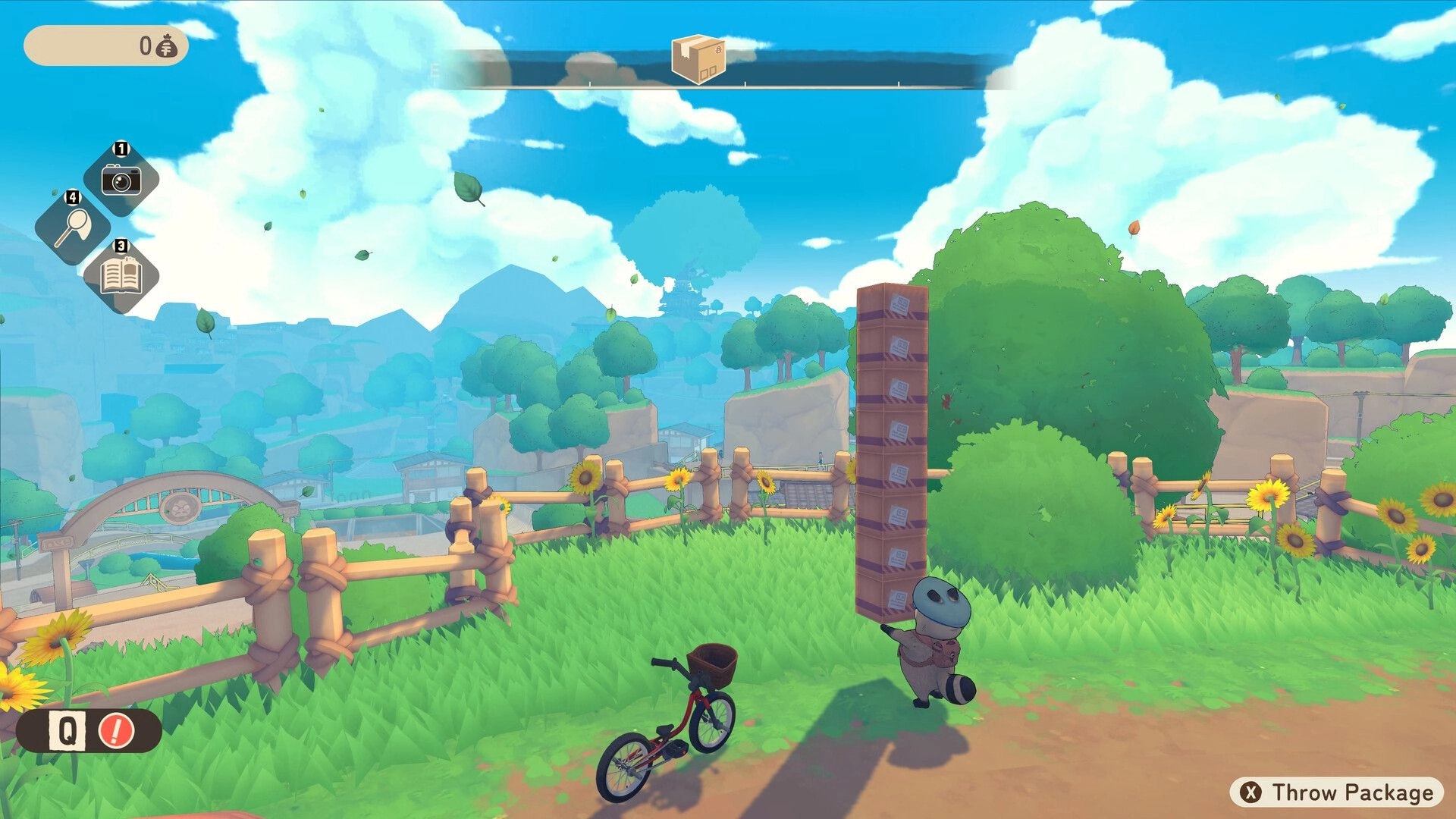 TANUKI: Pon balances packages in a sunny, grassy field with UI elements and bicycle nearby.