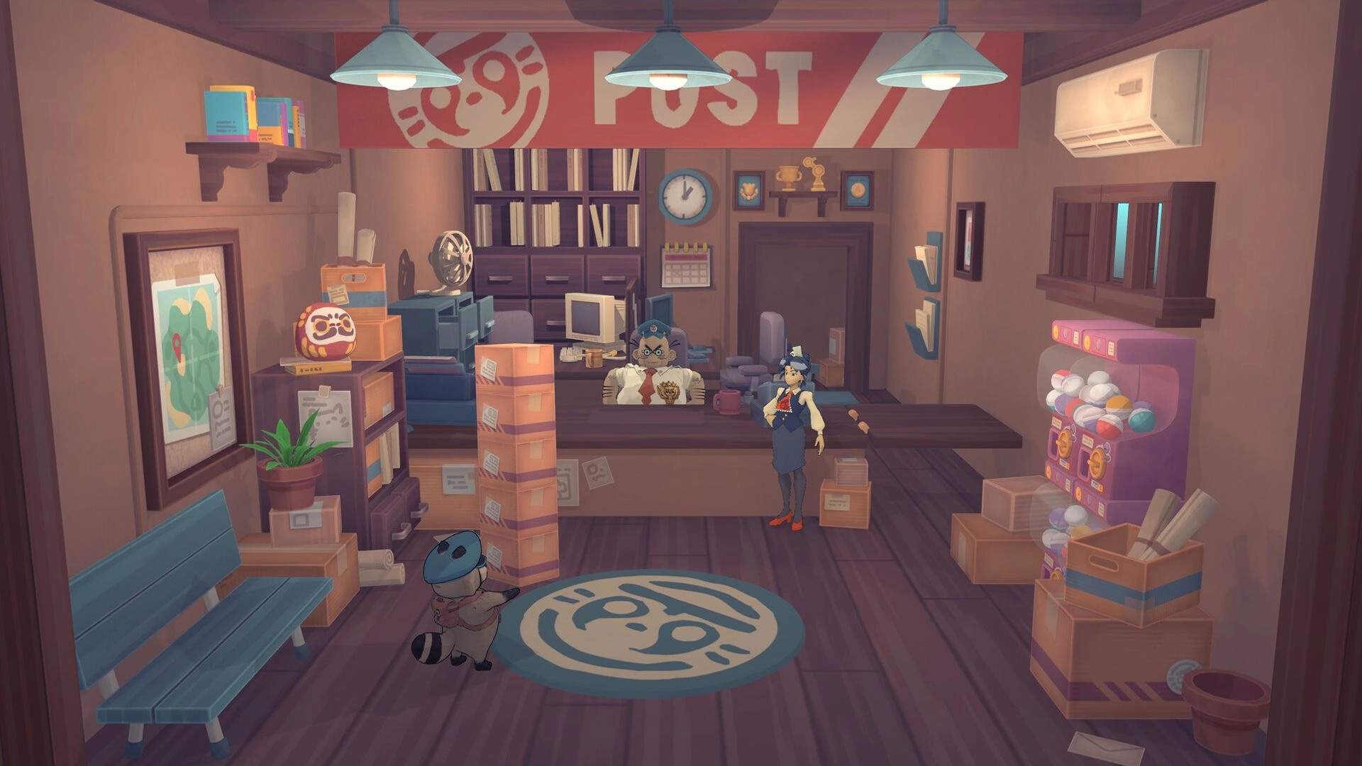 TANUKI: Pon organizing packages in the cozy post office, with a clerk and assistant behind the counter.