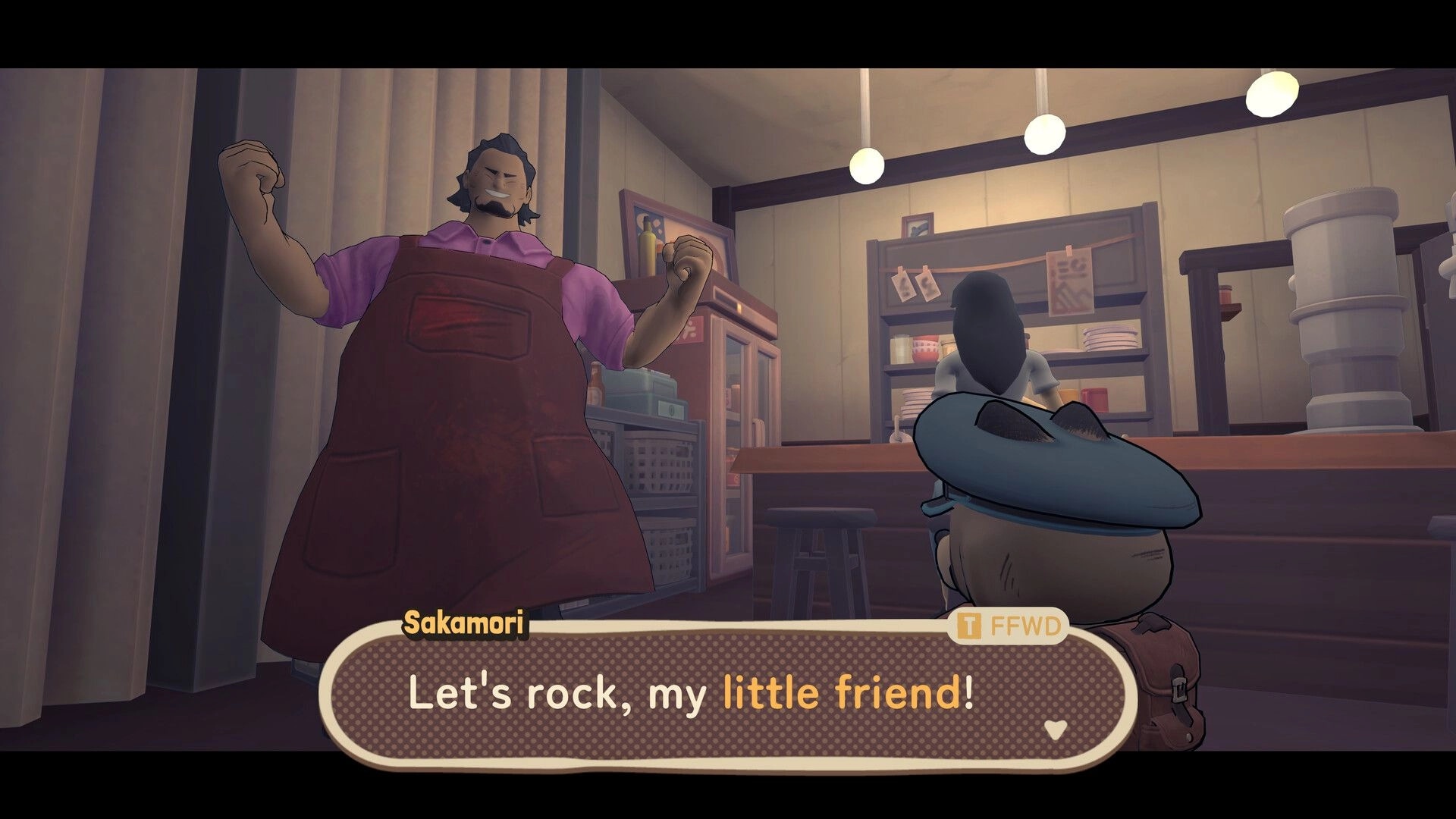 TANUKI: Pon converses with Sakamori in cozy kitchen, dialogue bubble shows friendly encouragement.