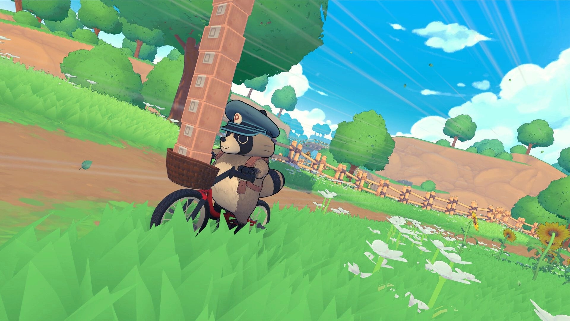 TANUKI: Pon delivers packages by bicycle through a vibrant countryside with lush greenery and clear skies.