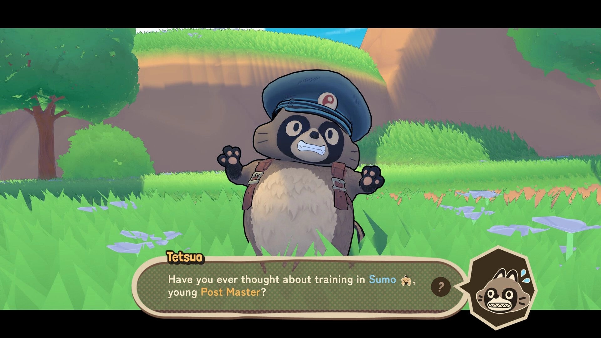 TANUKI: Pon stands nervously in a grassy field, dialog box with character Tetsuo's question displayed.