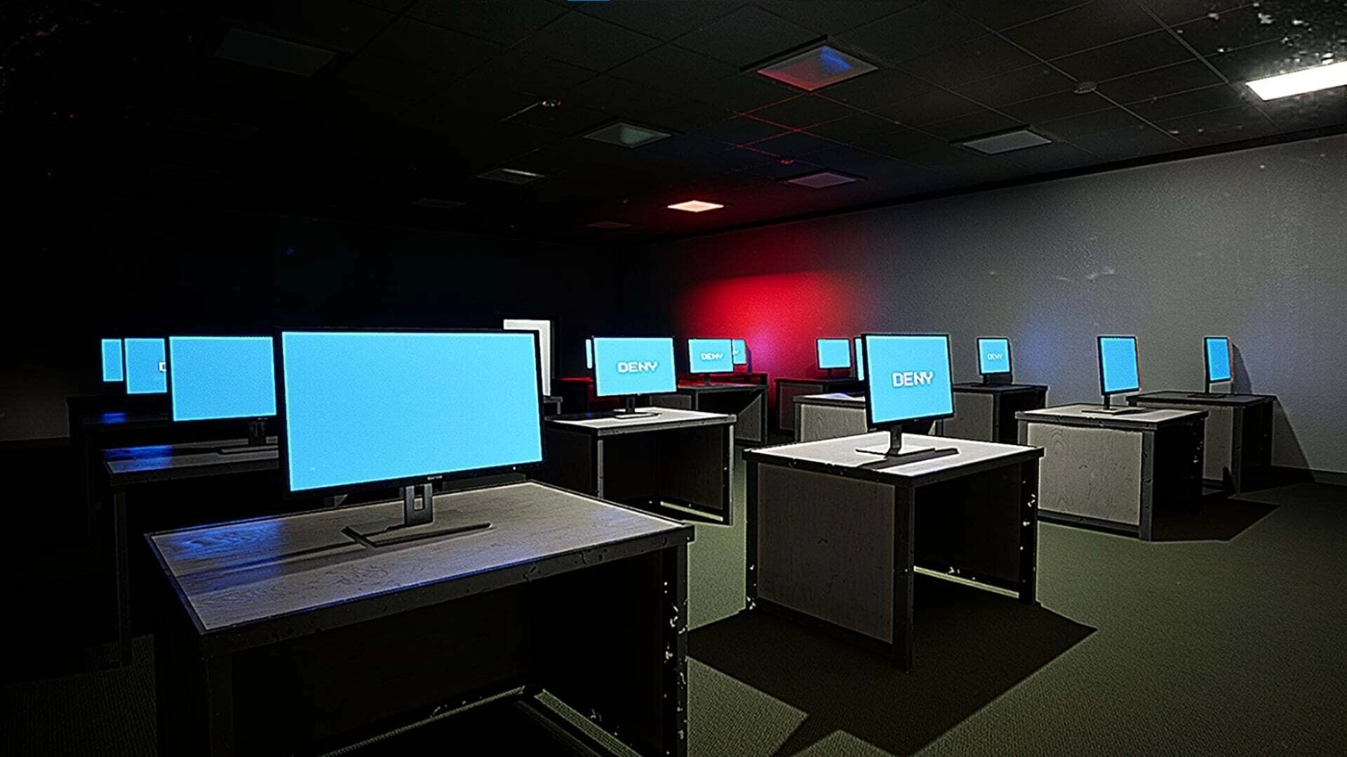 Tape 101: Rows of glowing monitors display "DENY" in a dimly lit room with a red light accent.