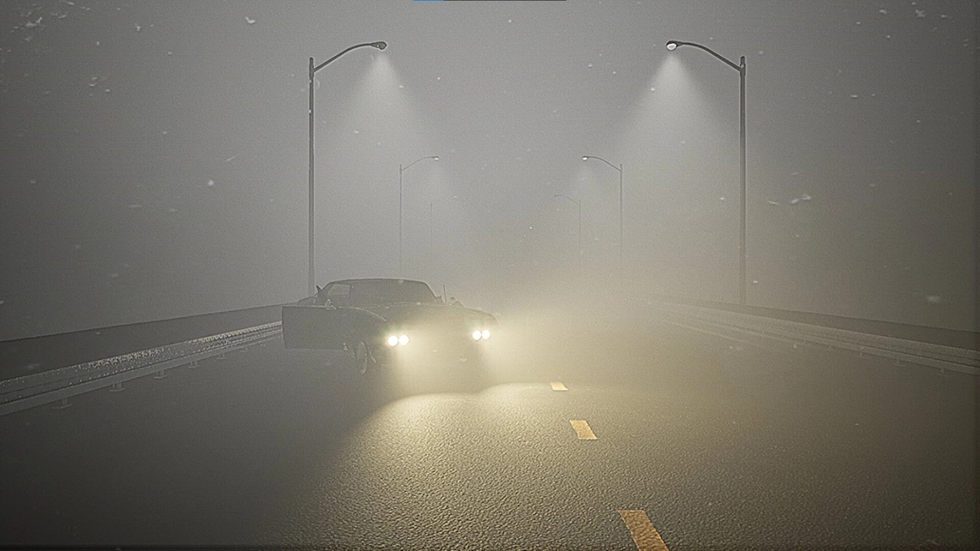 Tape 101: Abandoned car with headlights on in a foggy, deserted road under dim streetlights