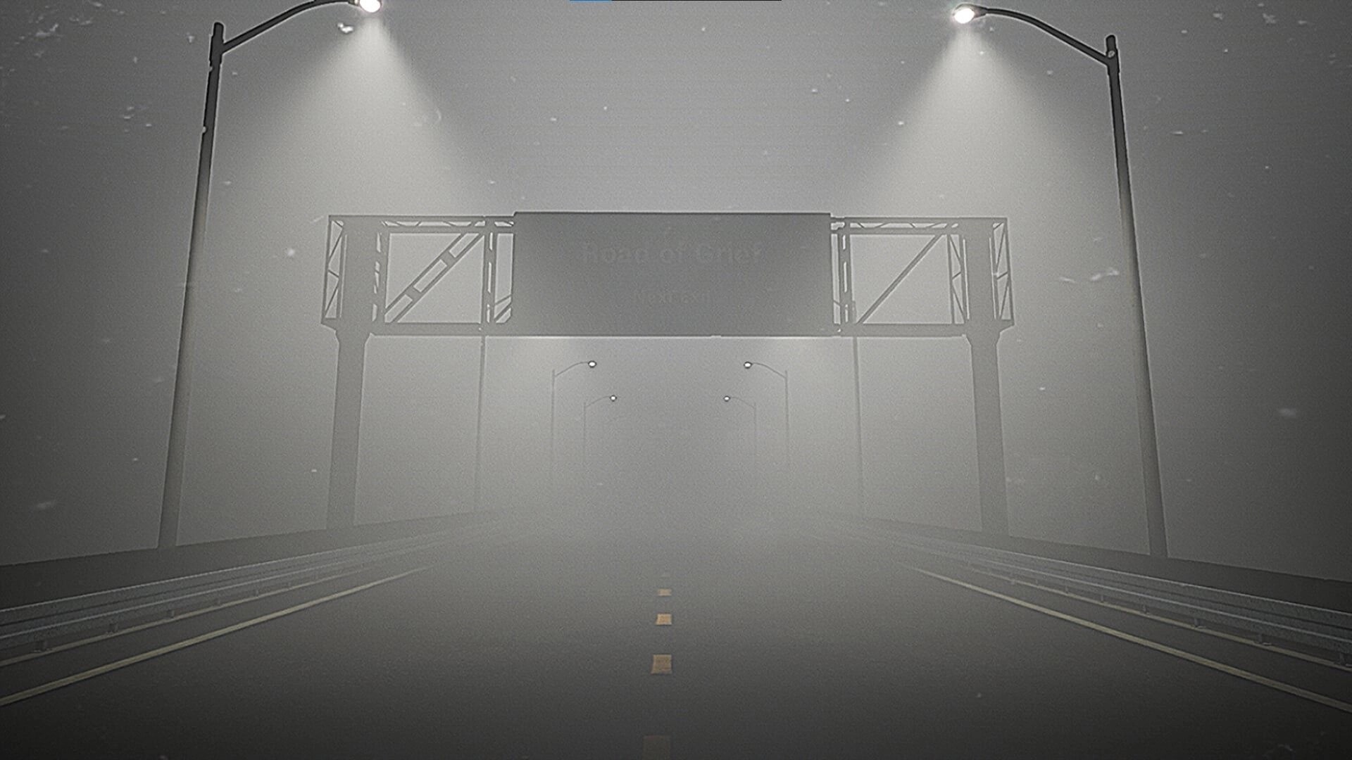 Tape 101: Fog-covered empty highway with distant streetlights under a dimly lit road sign